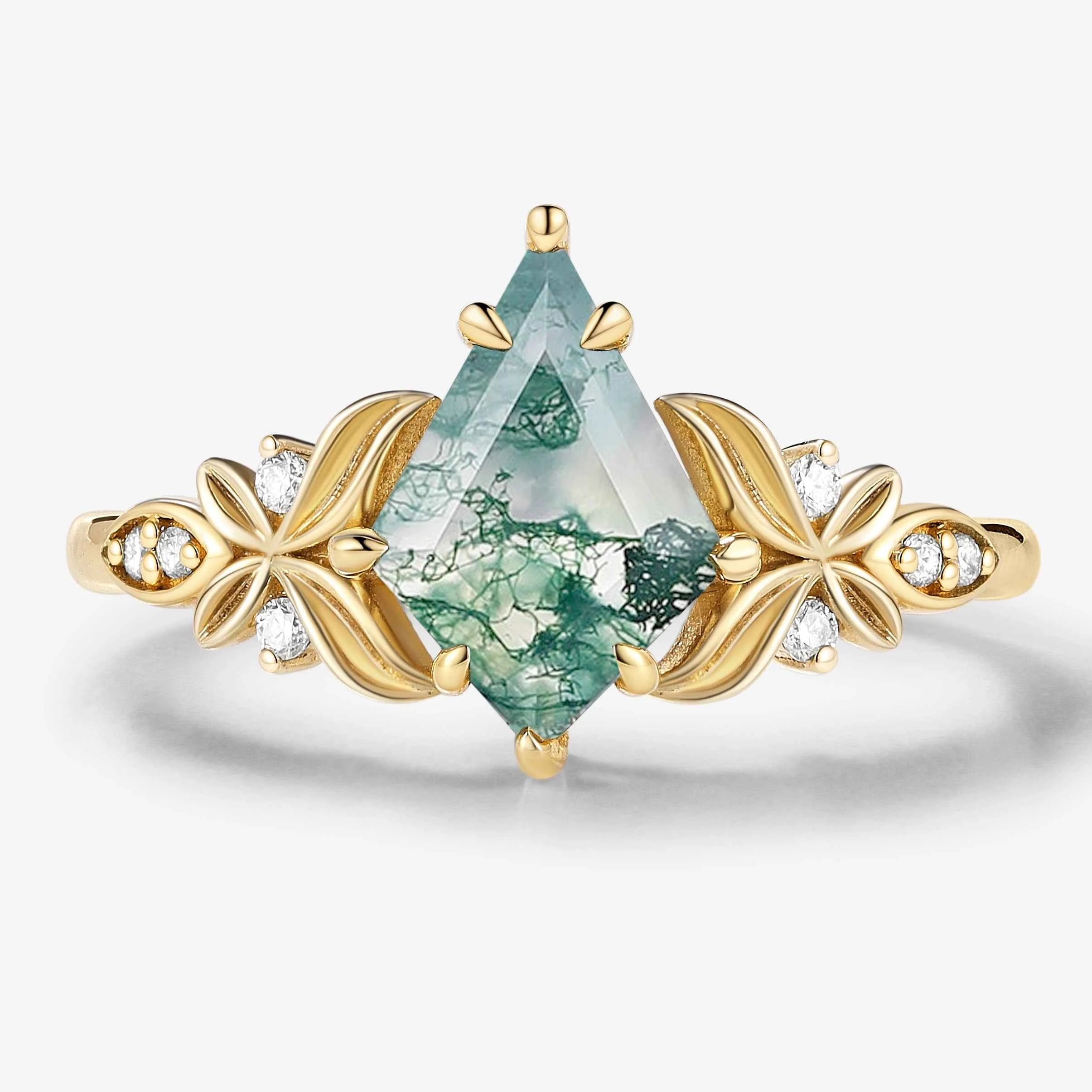 Vintage Milgrain Band Kite-Cut Moss Agate Engagement Ring