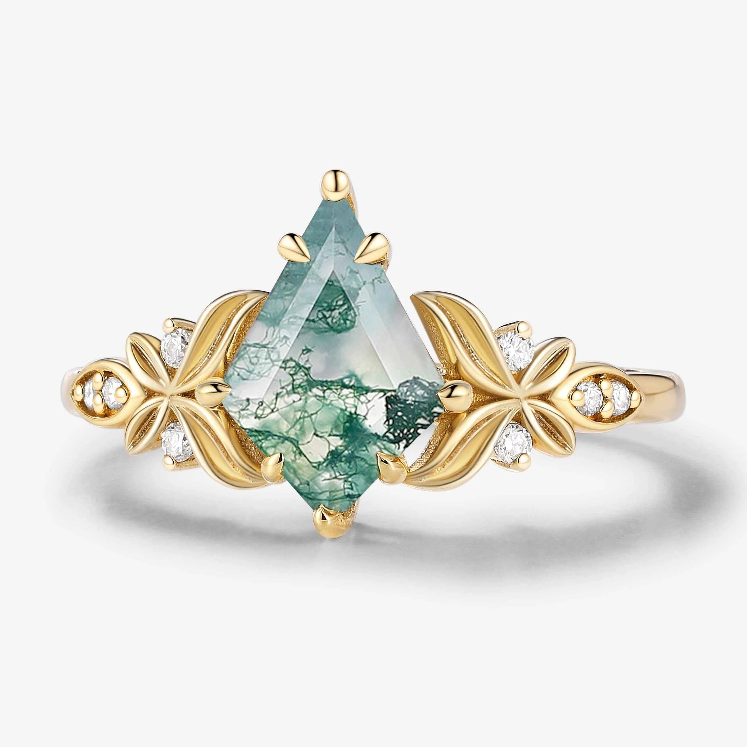 Vintage Milgrain Band Kite-Cut Moss Agate Engagement Ring