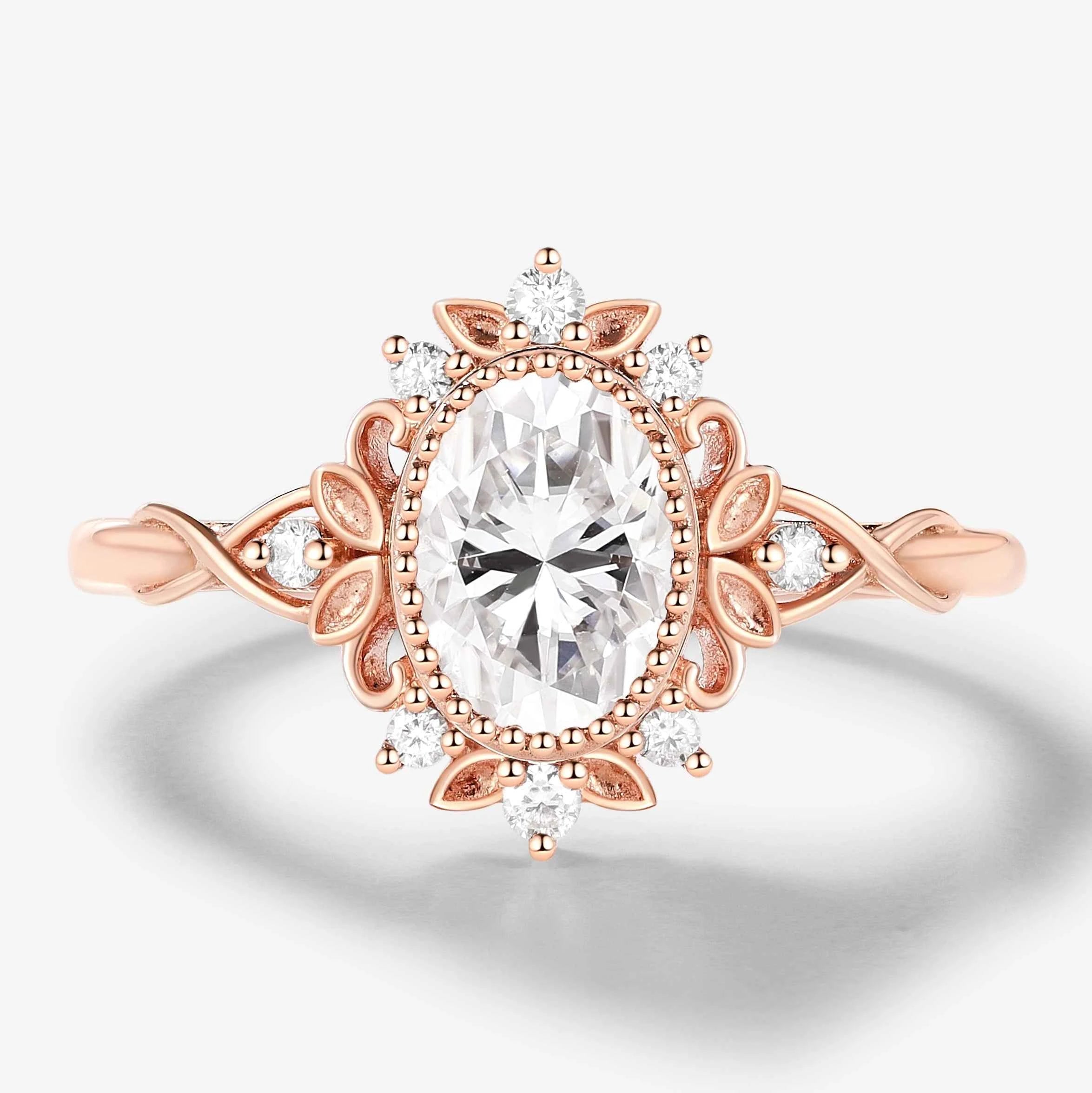 Vintage Leaf-Accented Oval-Cut Moissanite Engagement Ring