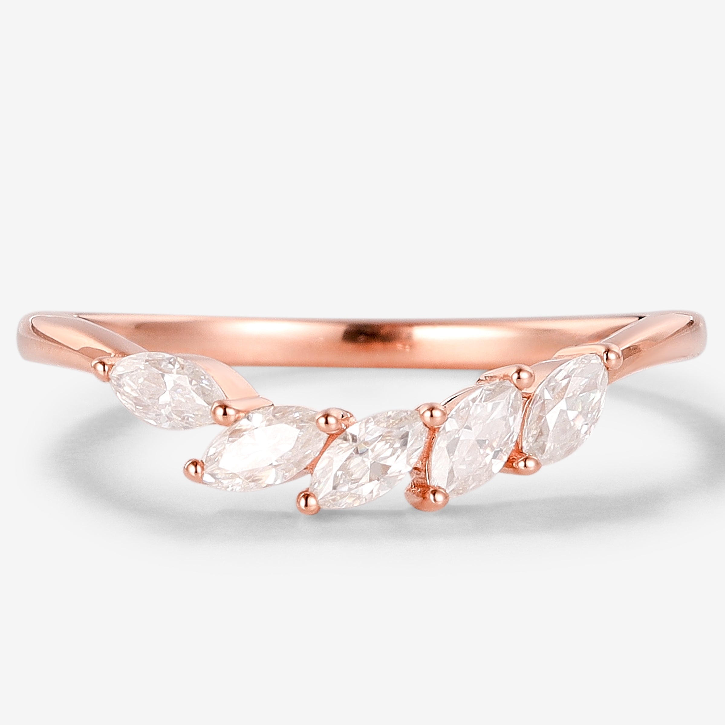 Rose gold moissanite marquise cut wedding band, perfect for engagement or anniversary. Handmade.