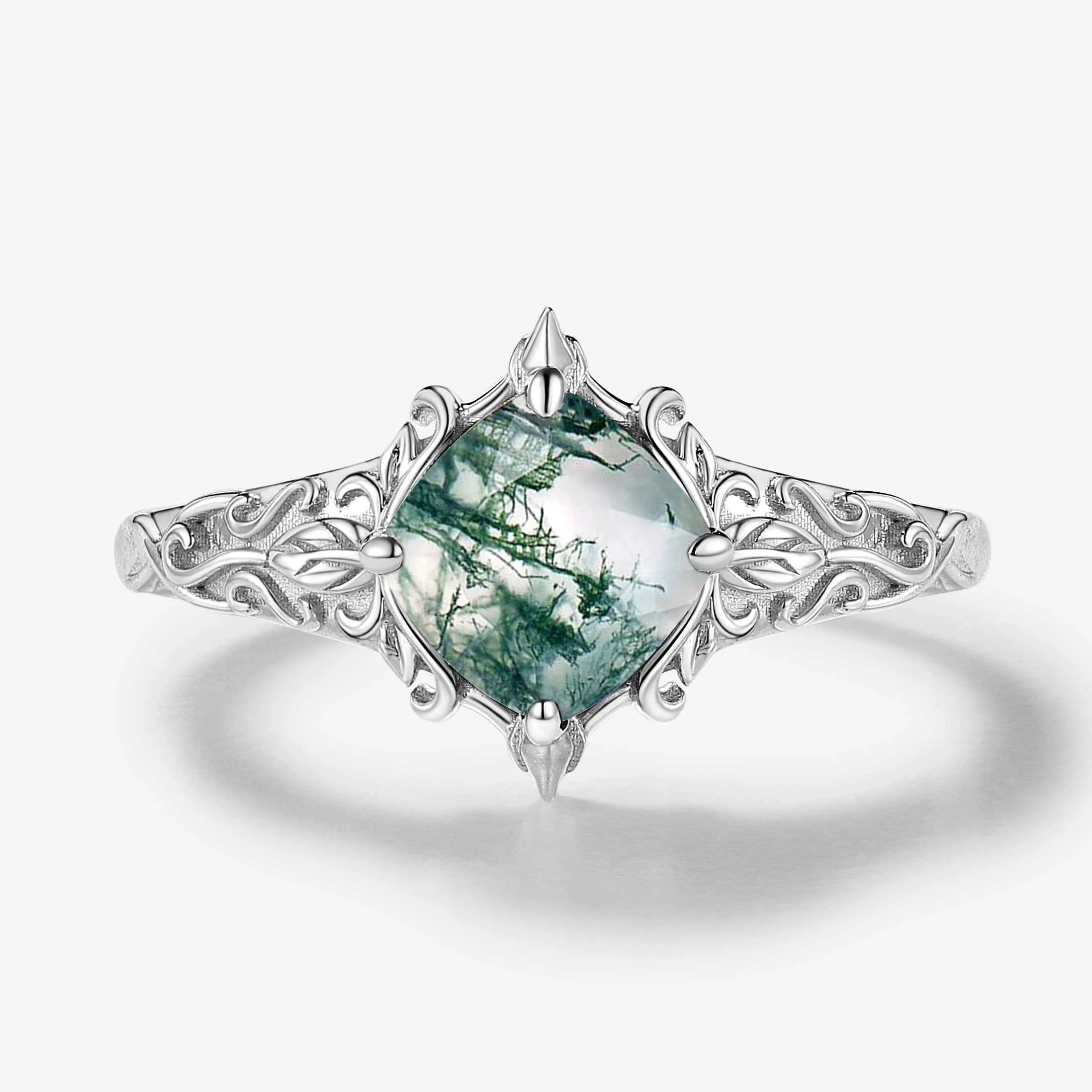 Classical Outline Leaf Inspired Cushion Cut Moss Agate Engagement Ring