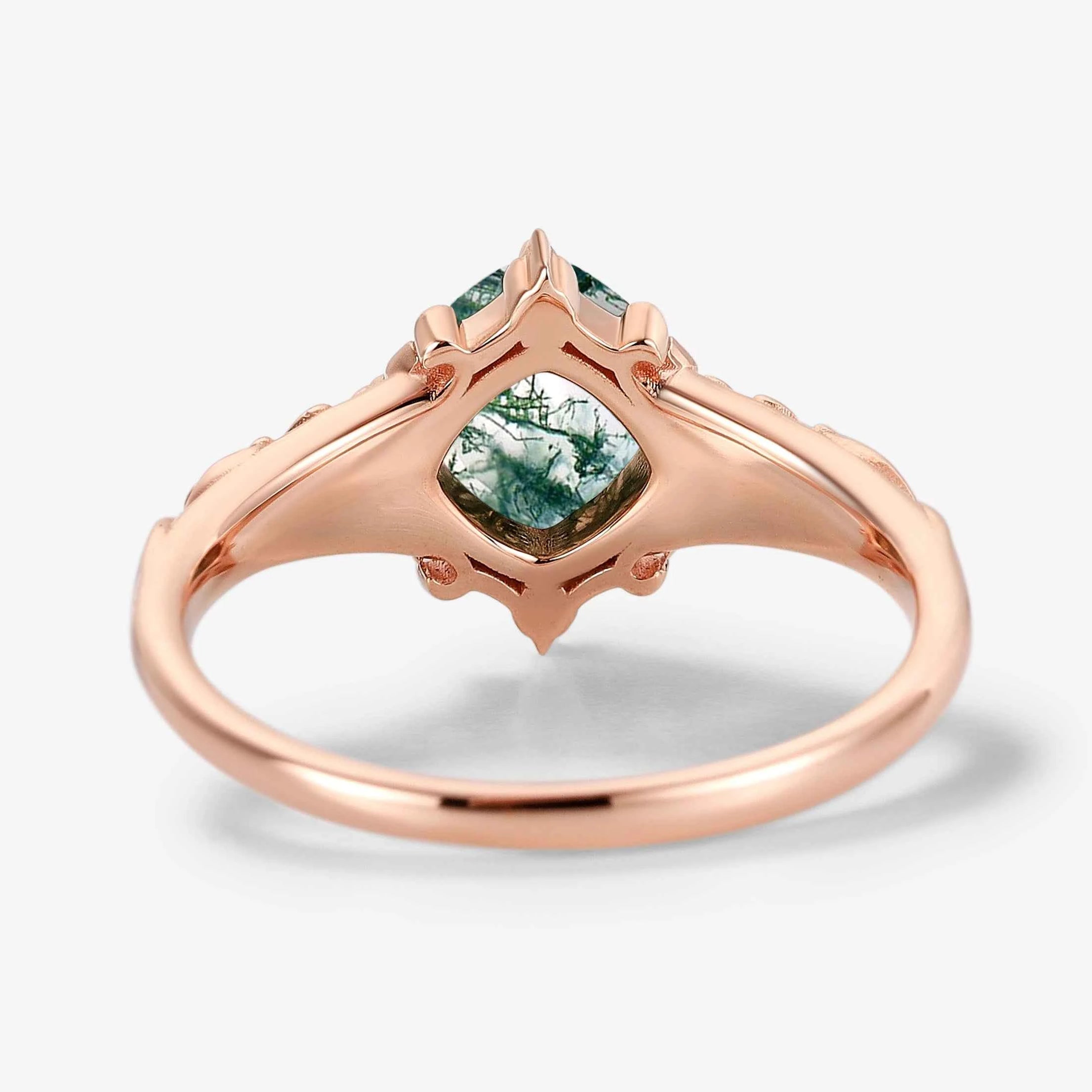 Classical Outline Leaf Inspired Cushion Cut Moss Agate Engagement Ring