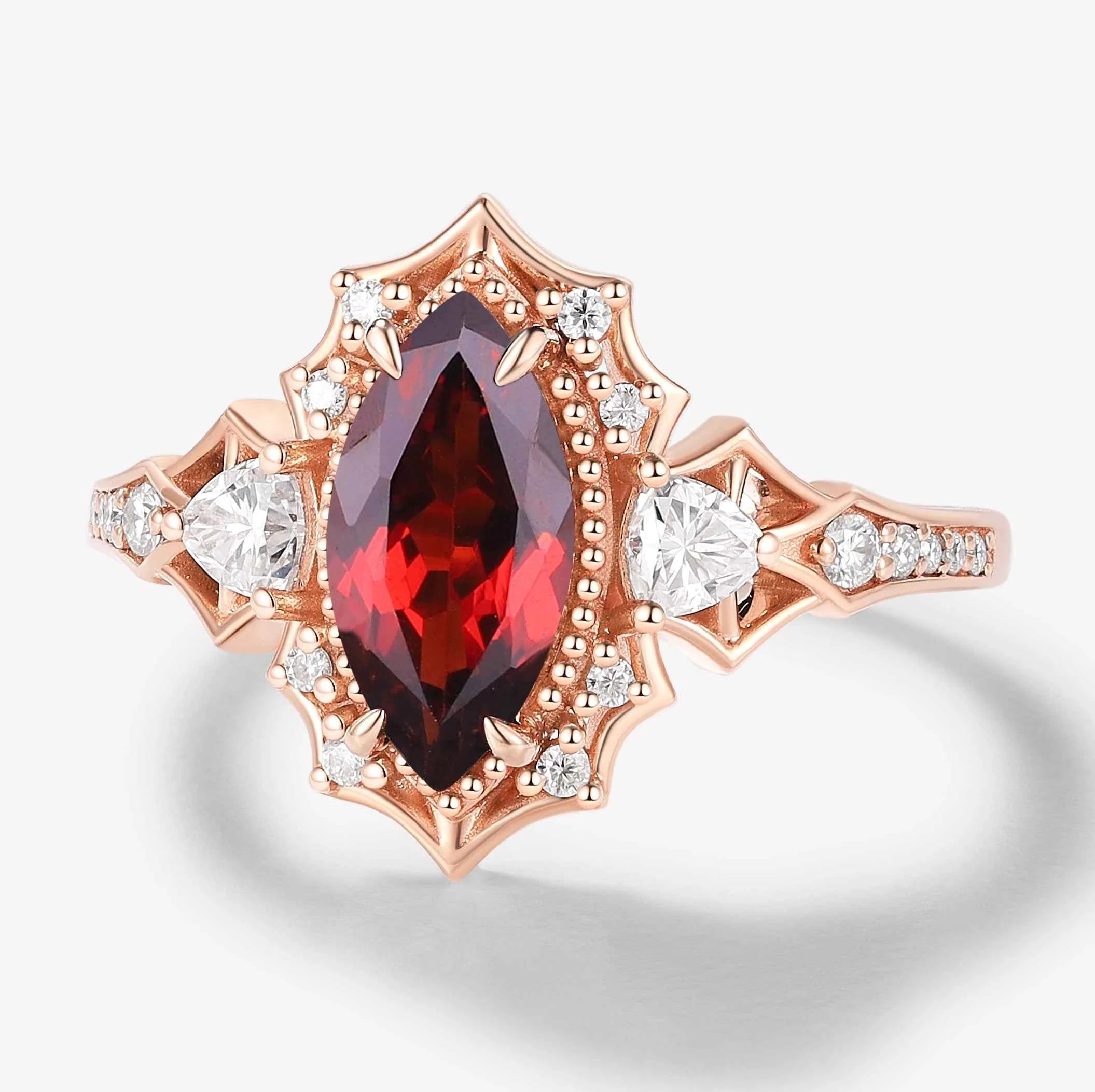 Vintage Halo Bat & Animal Inspired Marquise Cut Ruby Engagement Ring