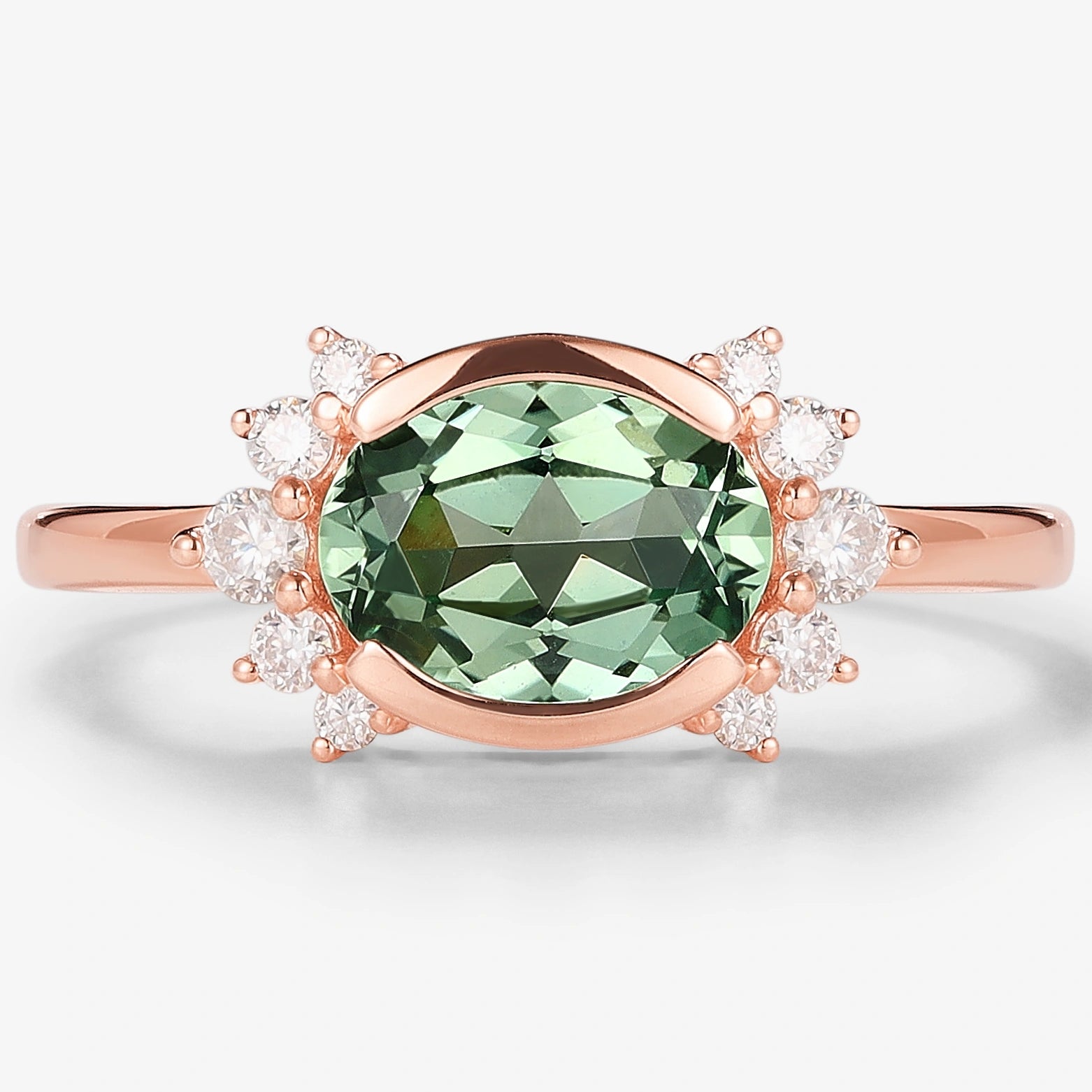 Oval green sapphire engagement ring with moissanite accents, rose gold band, bridal set, wedding ring set