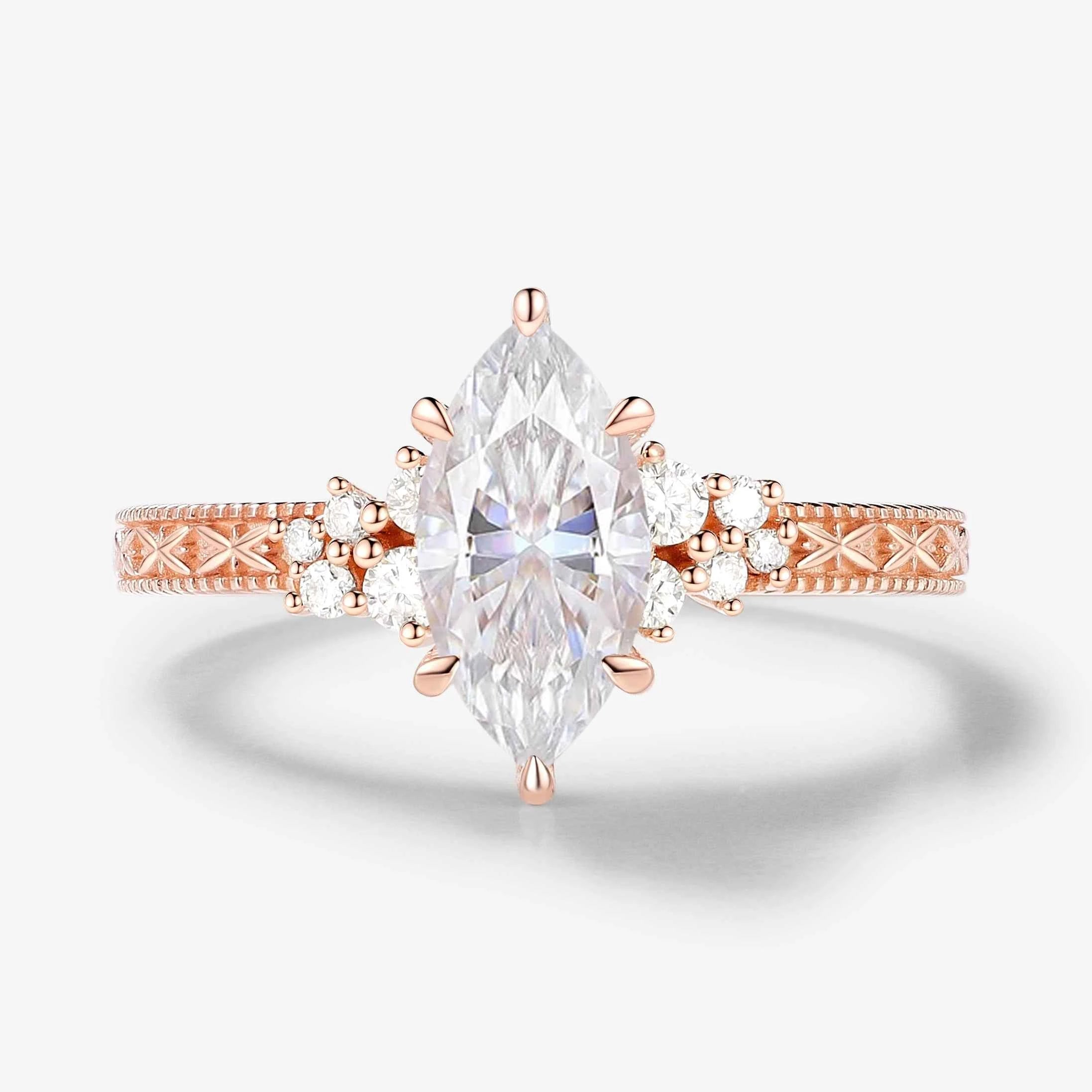 Vintage-inspired Relief Carving Marquise Cut Moissanite Engagement Ring
