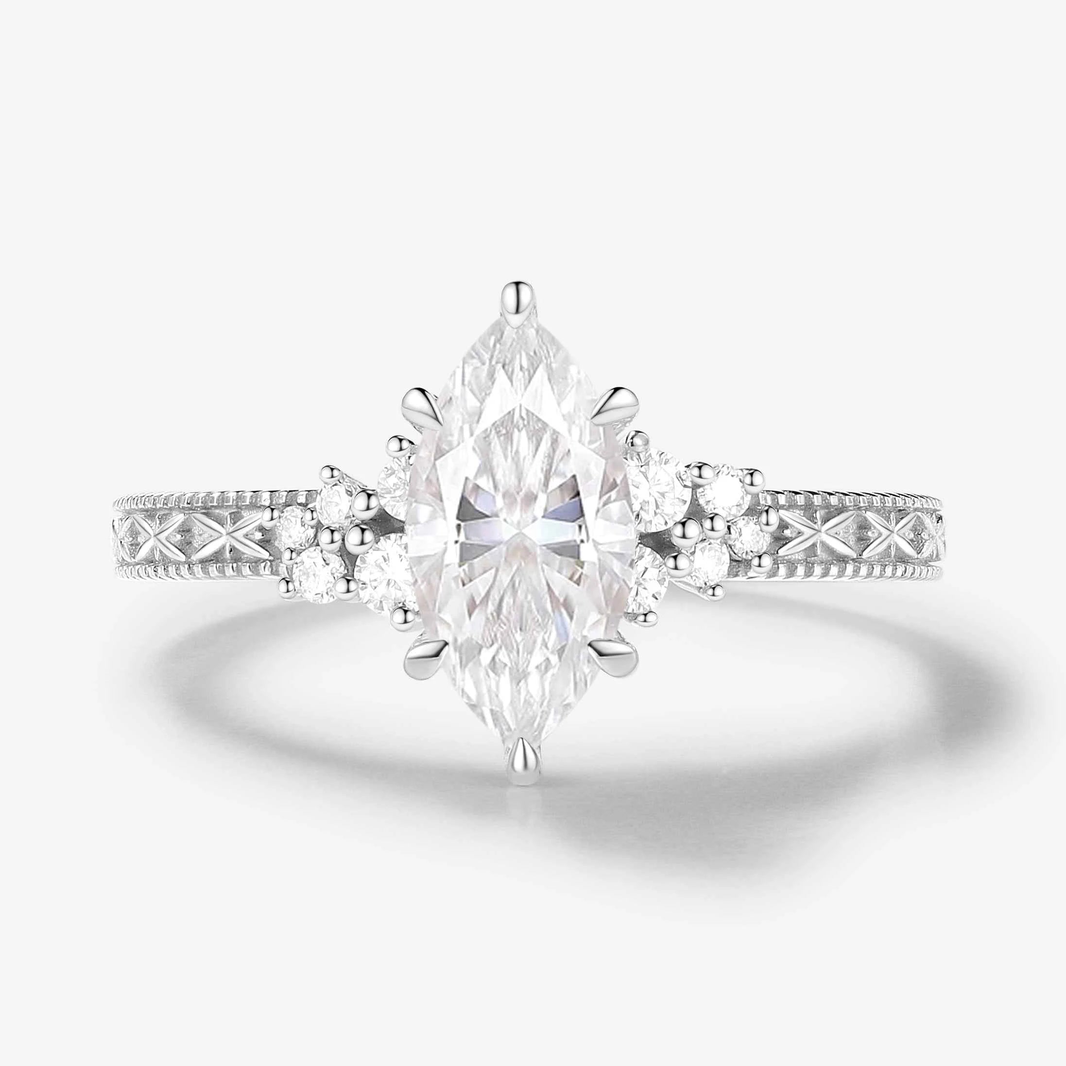 Vintage-inspired Relief Carving Marquise Cut Moissanite Engagement Ring