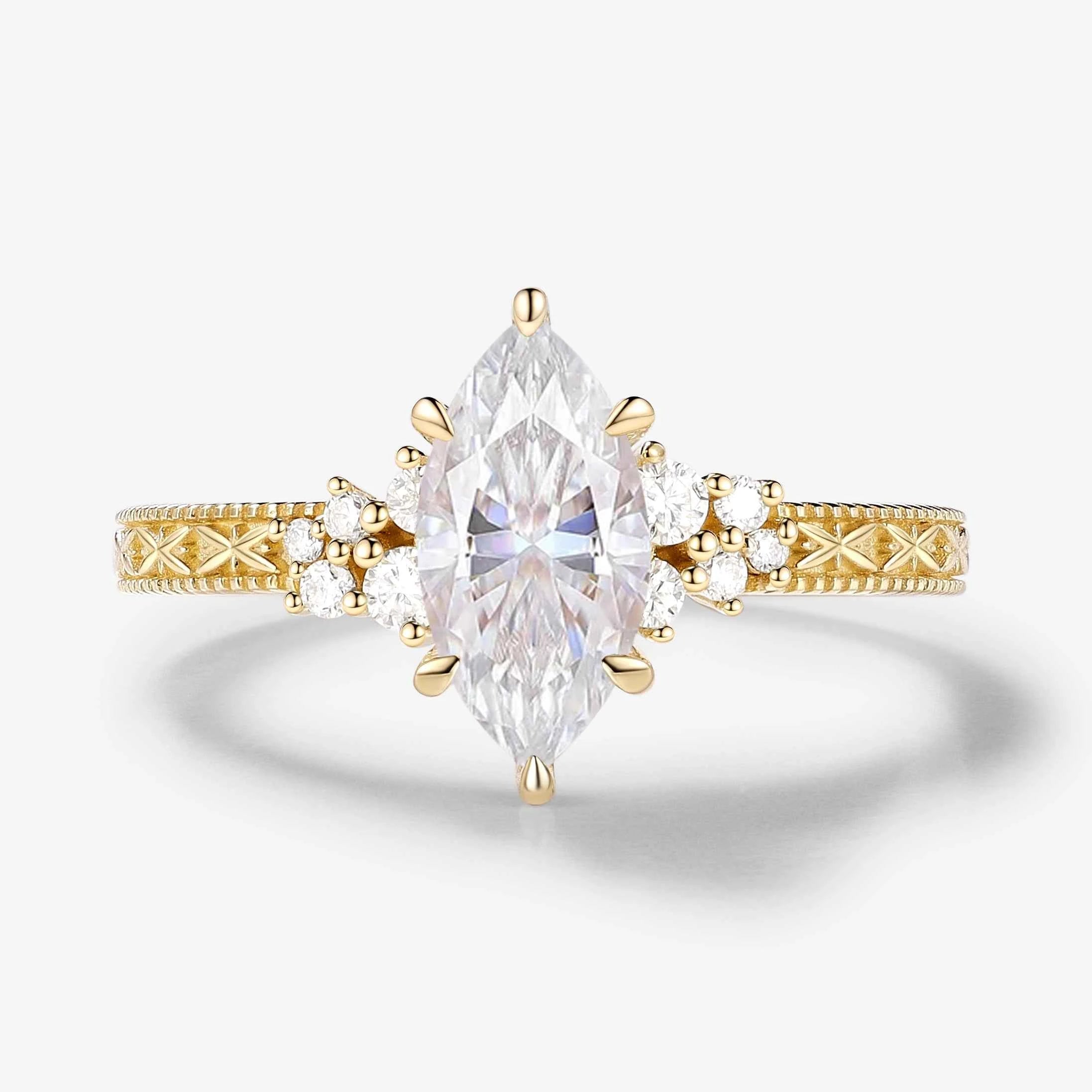 Vintage-inspired Relief Carving Marquise Cut Moissanite Engagement Ring