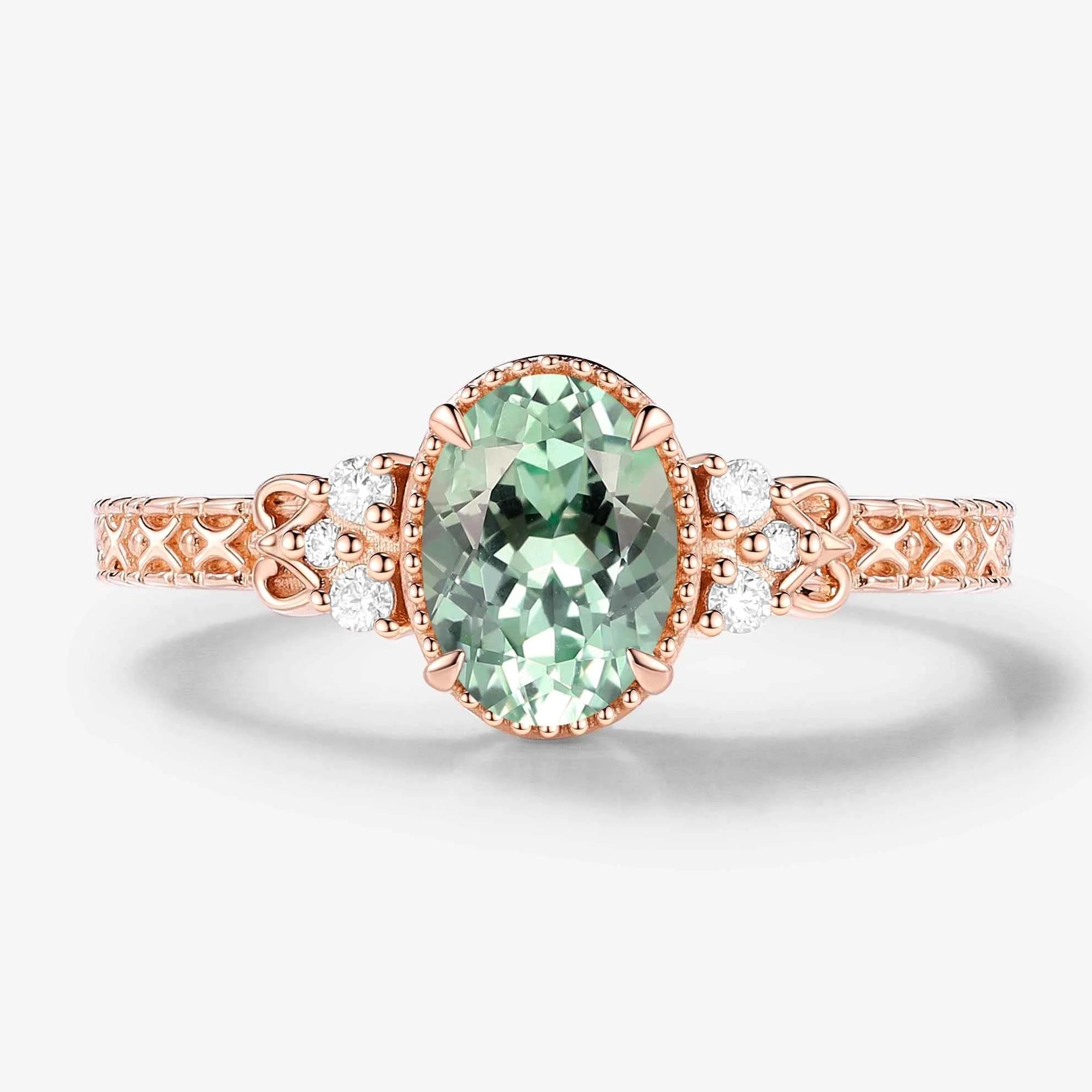 Vintage Engraved Green Sapphire Bezel Engagement Ring