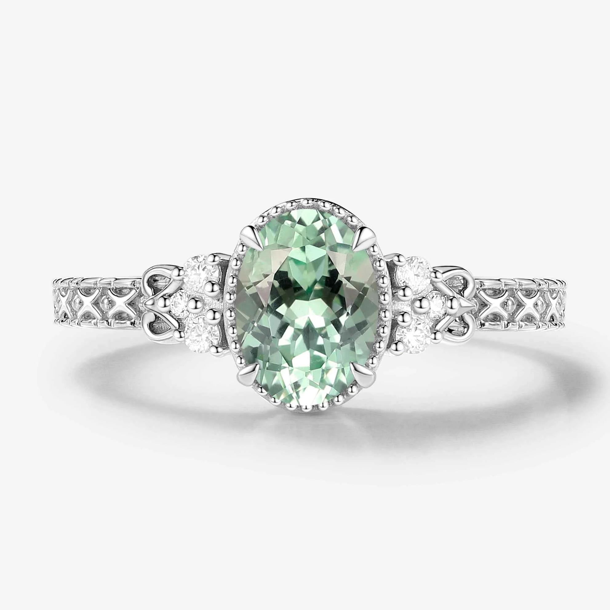 Vintage Engraved Green Sapphire Bezel Engagement Ring