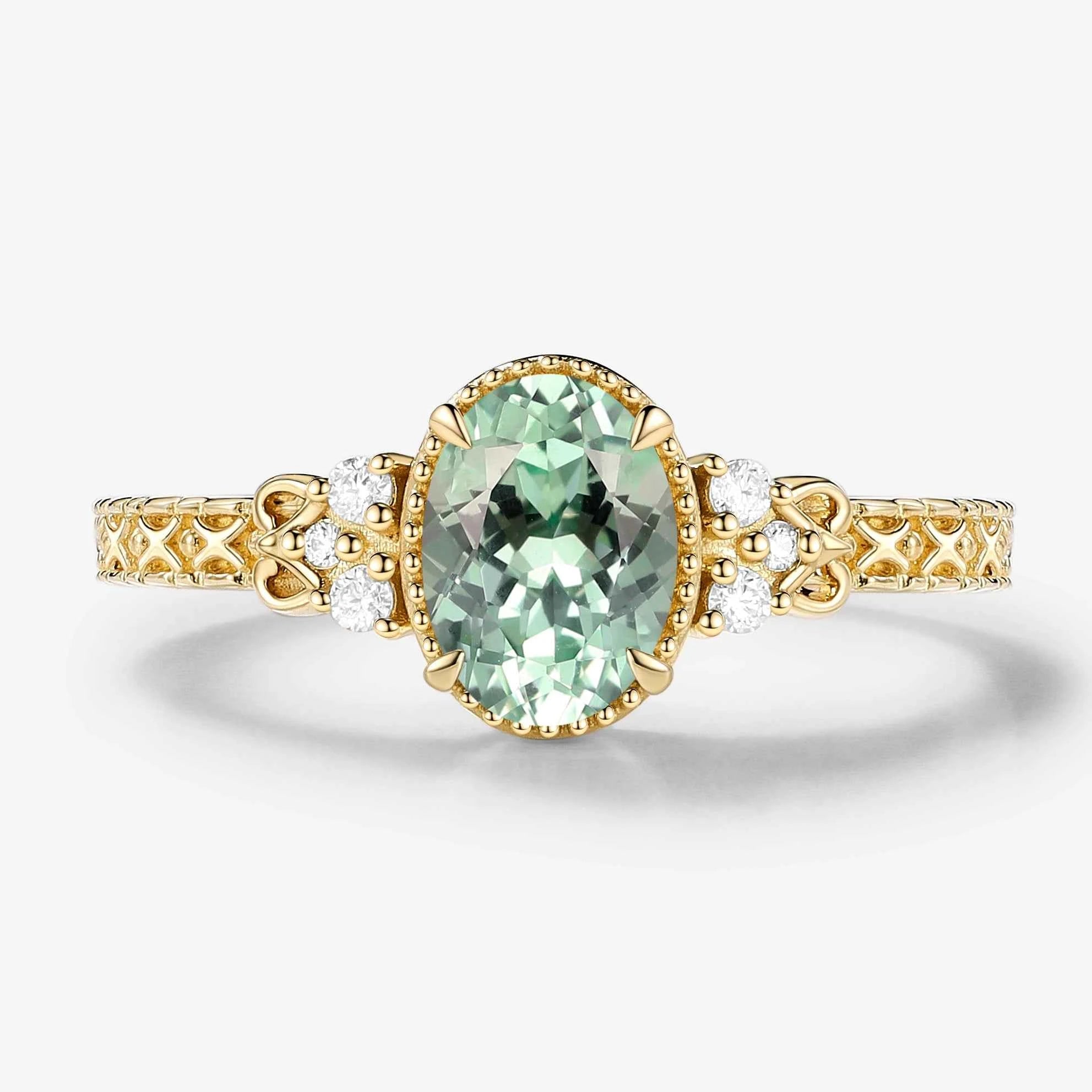 Vintage Engraved Green Sapphire Bezel Engagement Ring