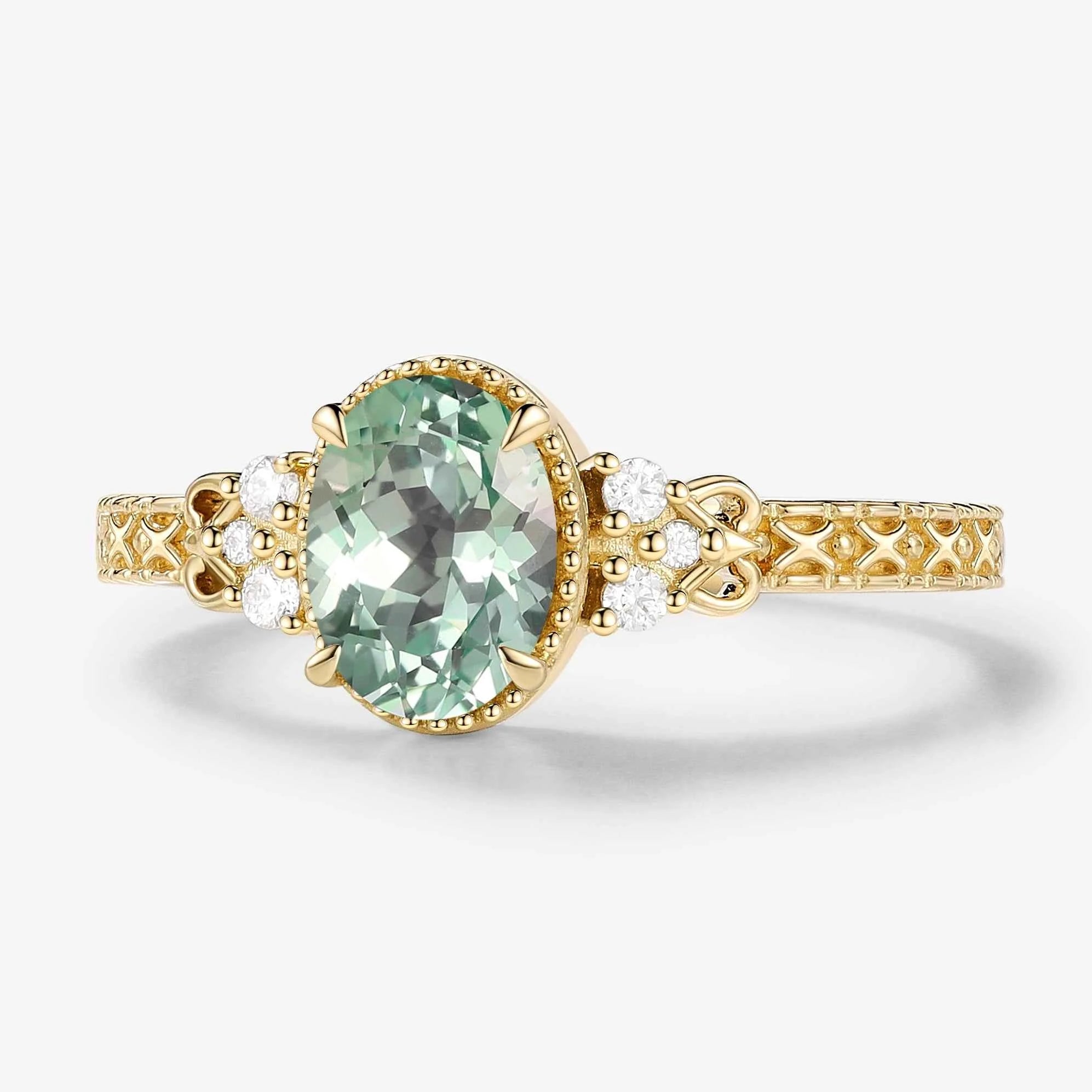 Vintage Engraved Green Sapphire Bezel Engagement Ring