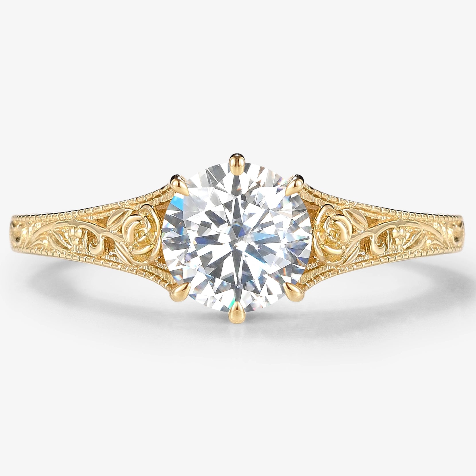 Round Cut Moissanite Vintage Engagement Ring With Rose - Lahela Jewelry