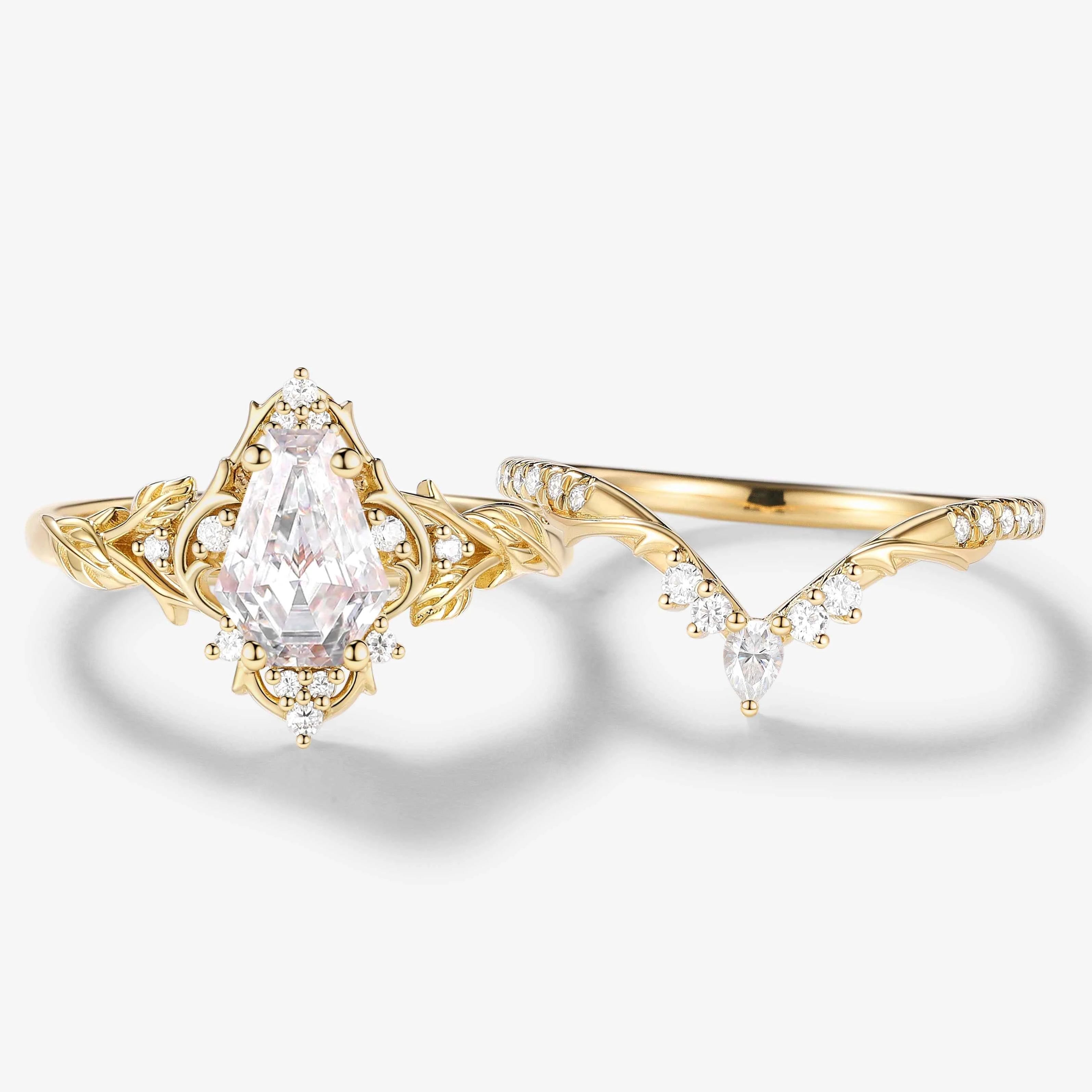 Nature-Inspired Coffin Cut Moissanite Thorn & Leaf Bridal Ring Set