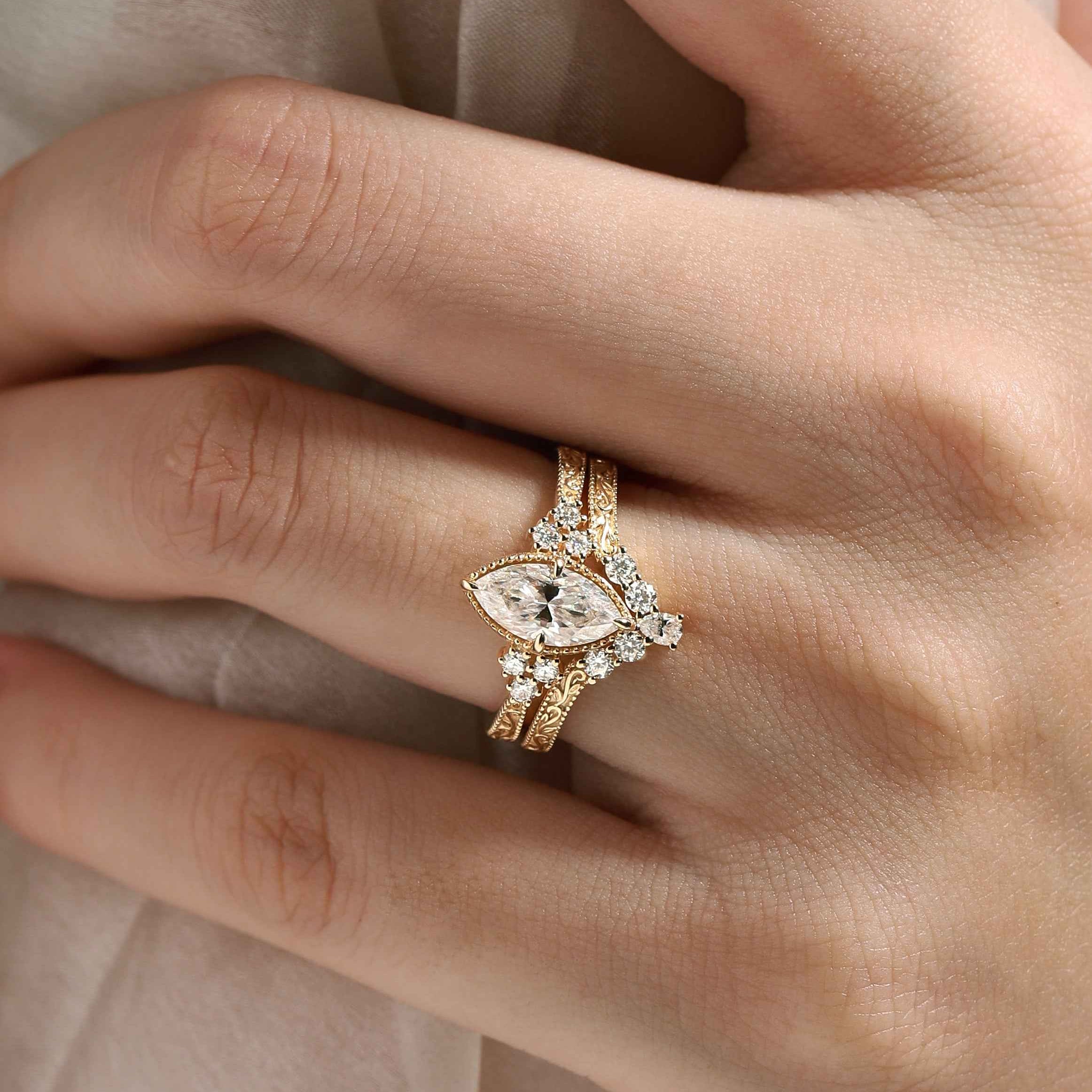Marquise Cut 3ct Moissanite Vintage Victorian Style Ring Sets 2pcs