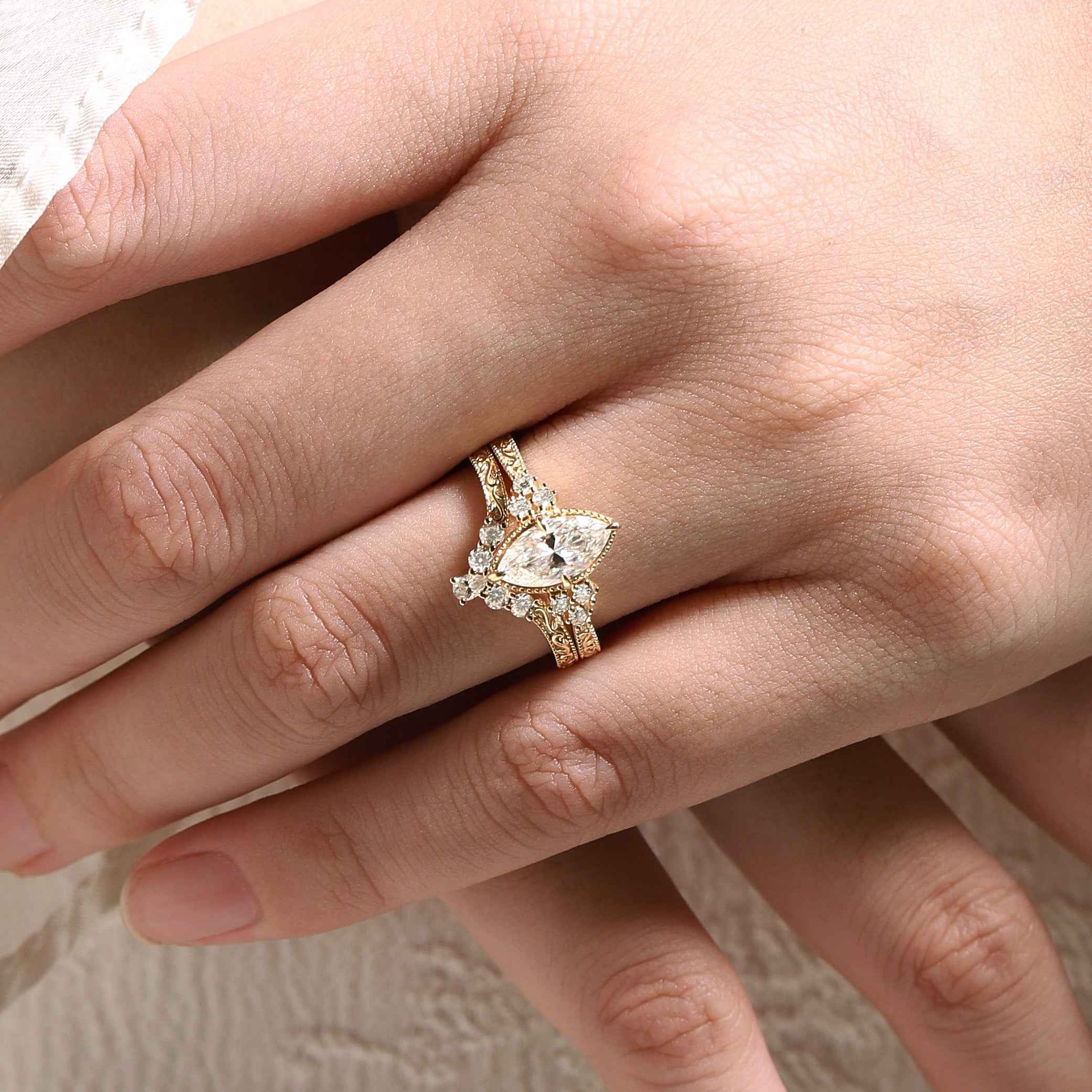 Marquise Cut 3ct Moissanite Vintage Victorian Style Ring Sets 2pcs