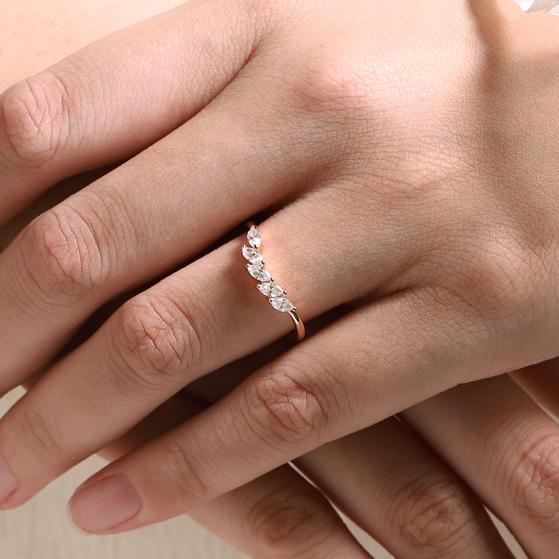 Rose gold moissanite wedding band with marquise stones. Perfect bridal set, engagement or anniversary ring.