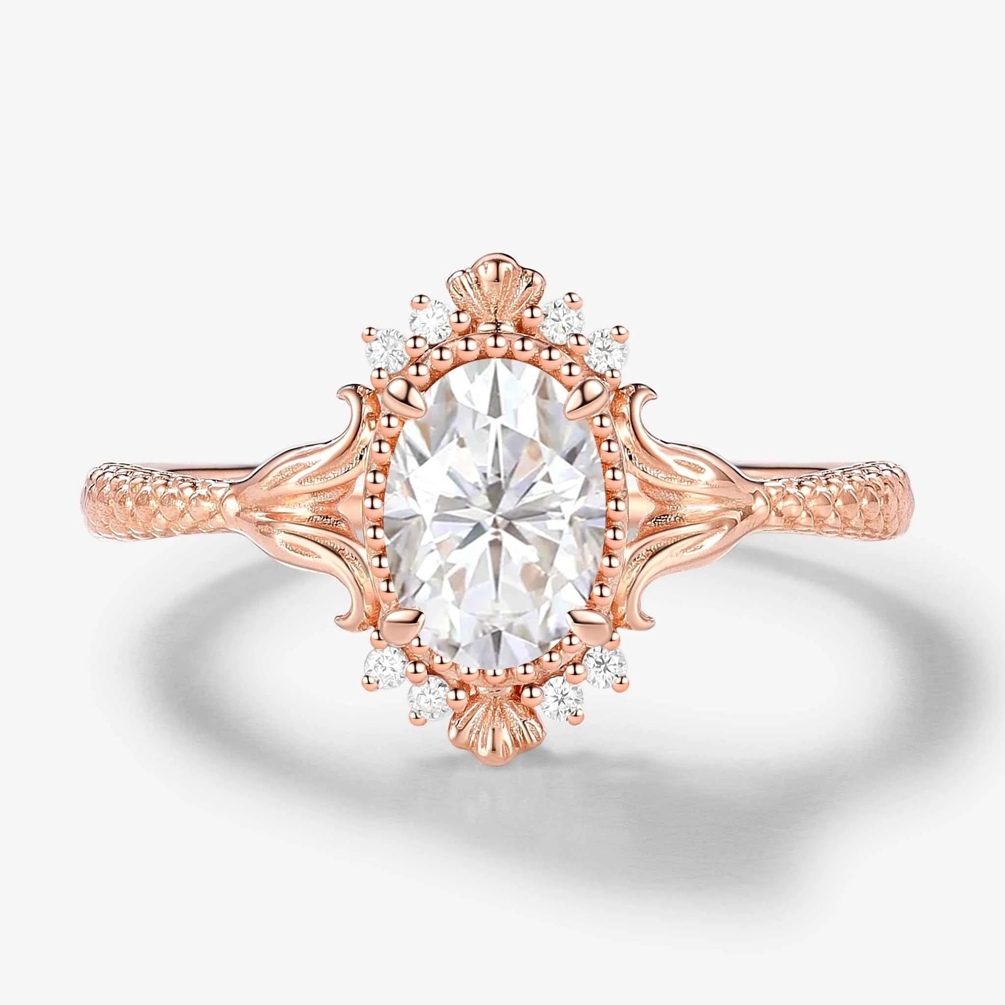 Vintage Ocean-Inspired Oval Cut Moissanite Mermaid Tail & Shell Engagement Ring
