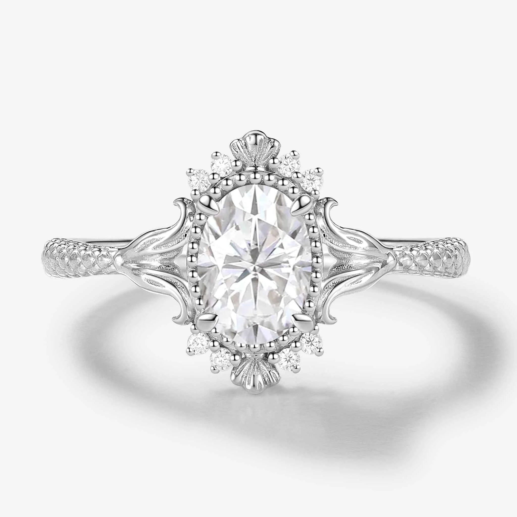 Vintage Ocean-Inspired Oval Cut Moissanite Mermaid Tail & Shell Engagement Ring