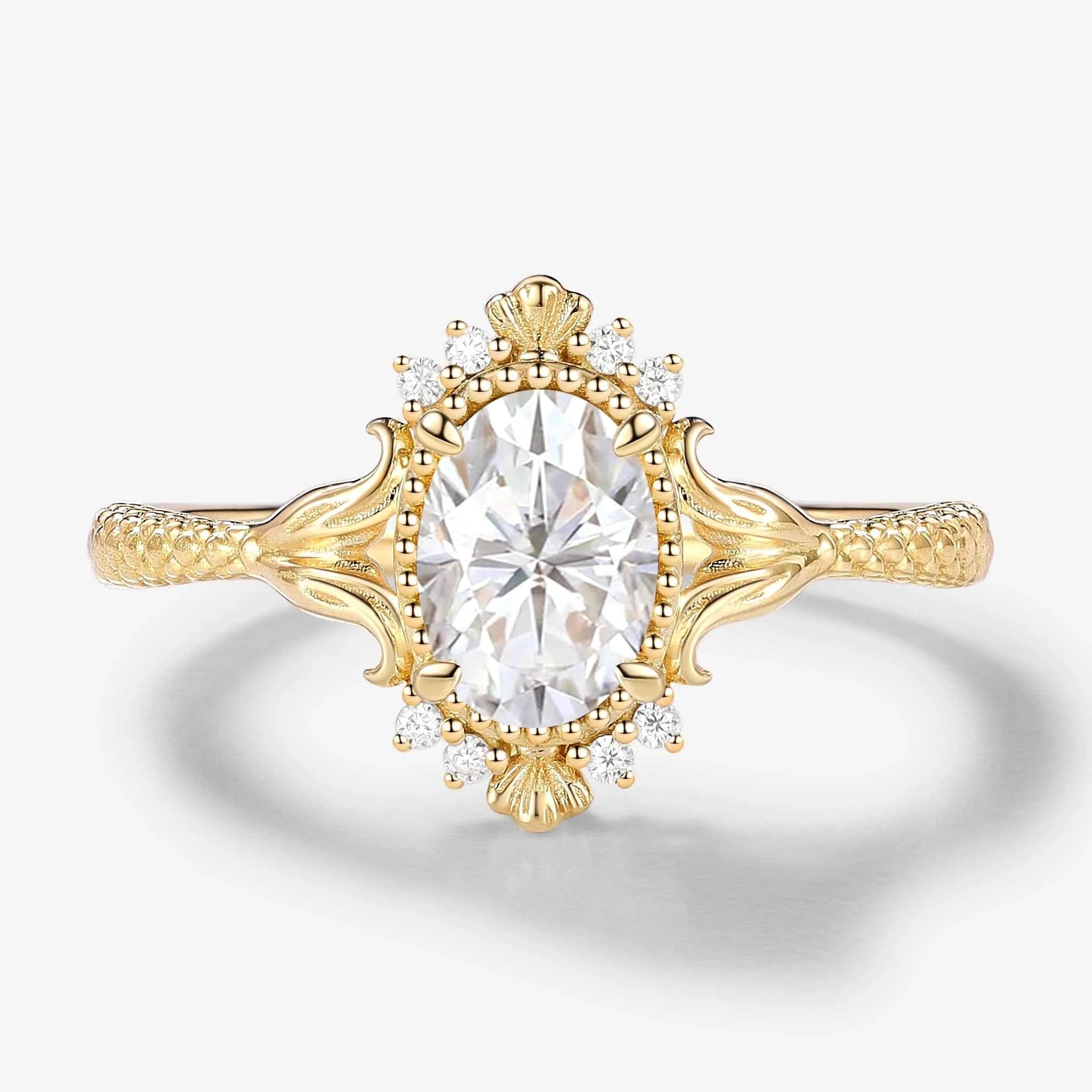Vintage Ocean-Inspired Oval Cut Moissanite Mermaid Tail & Shell Engagement Ring