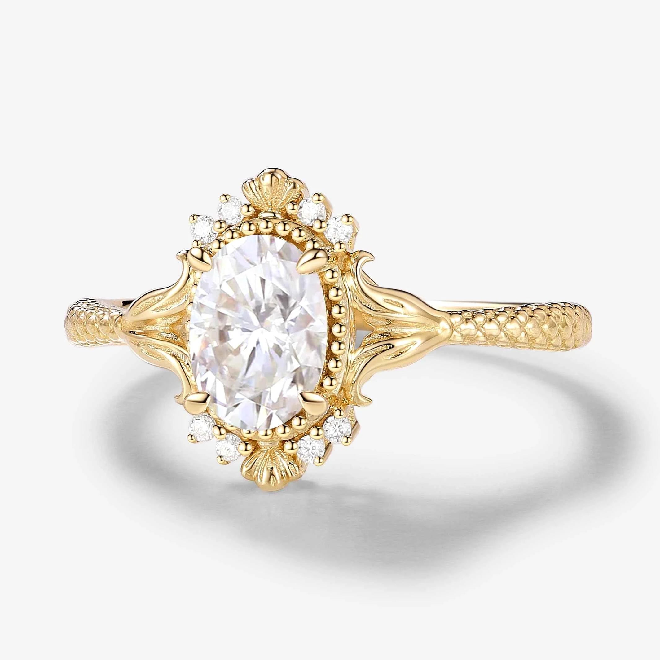 Vintage Ocean-Inspired Oval Cut Moissanite Mermaid Tail & Shell Engagement Ring