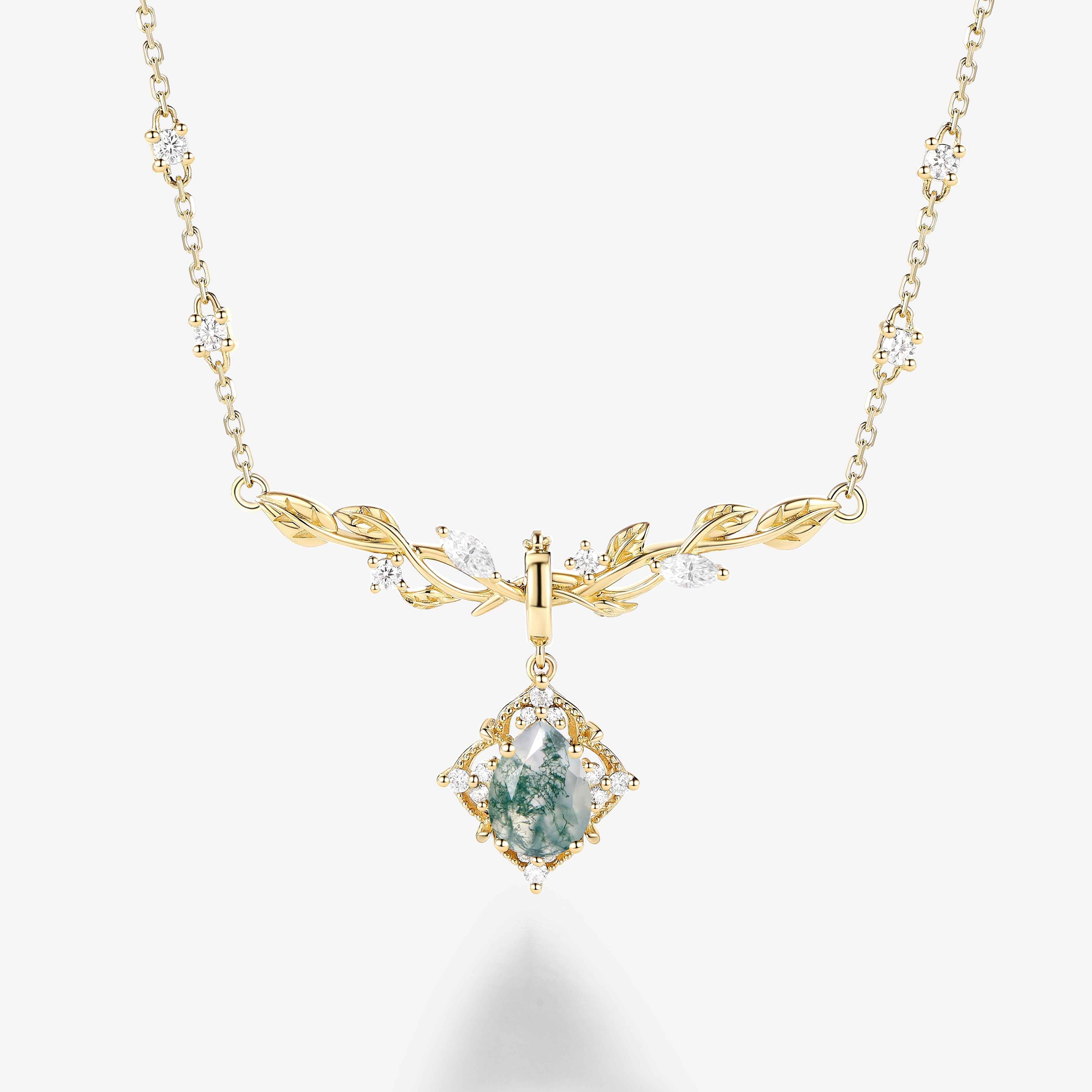 Nature Inspired Pear Cut Leafy Moss Agate Necklace
