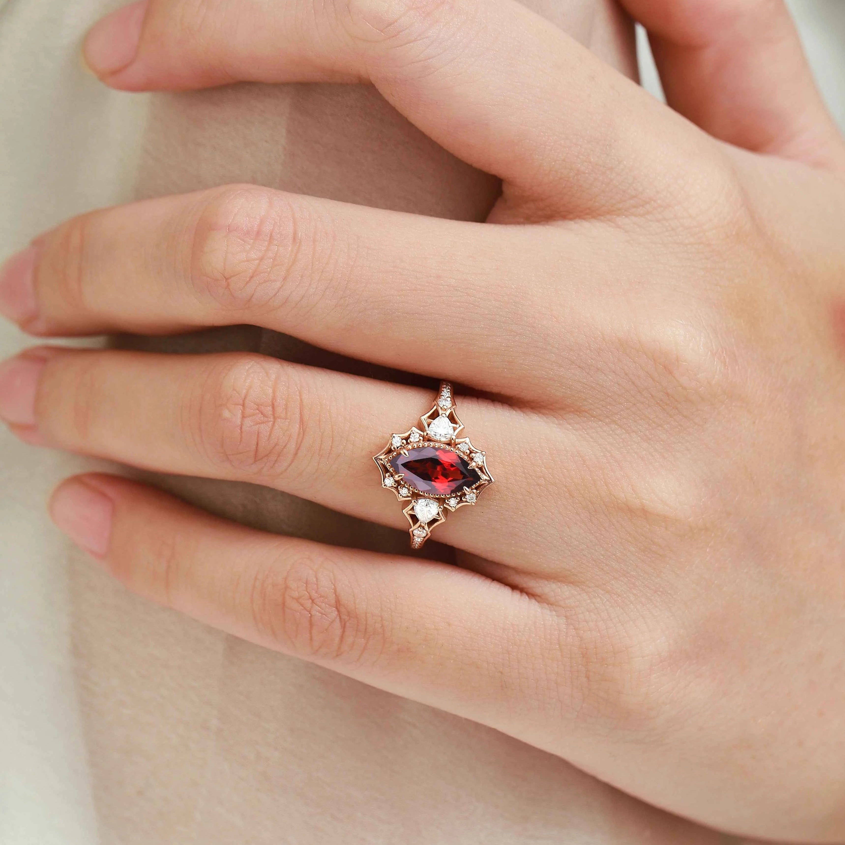 Vintage Halo Bat & Animal Inspired Marquise Cut Ruby Engagement Ring