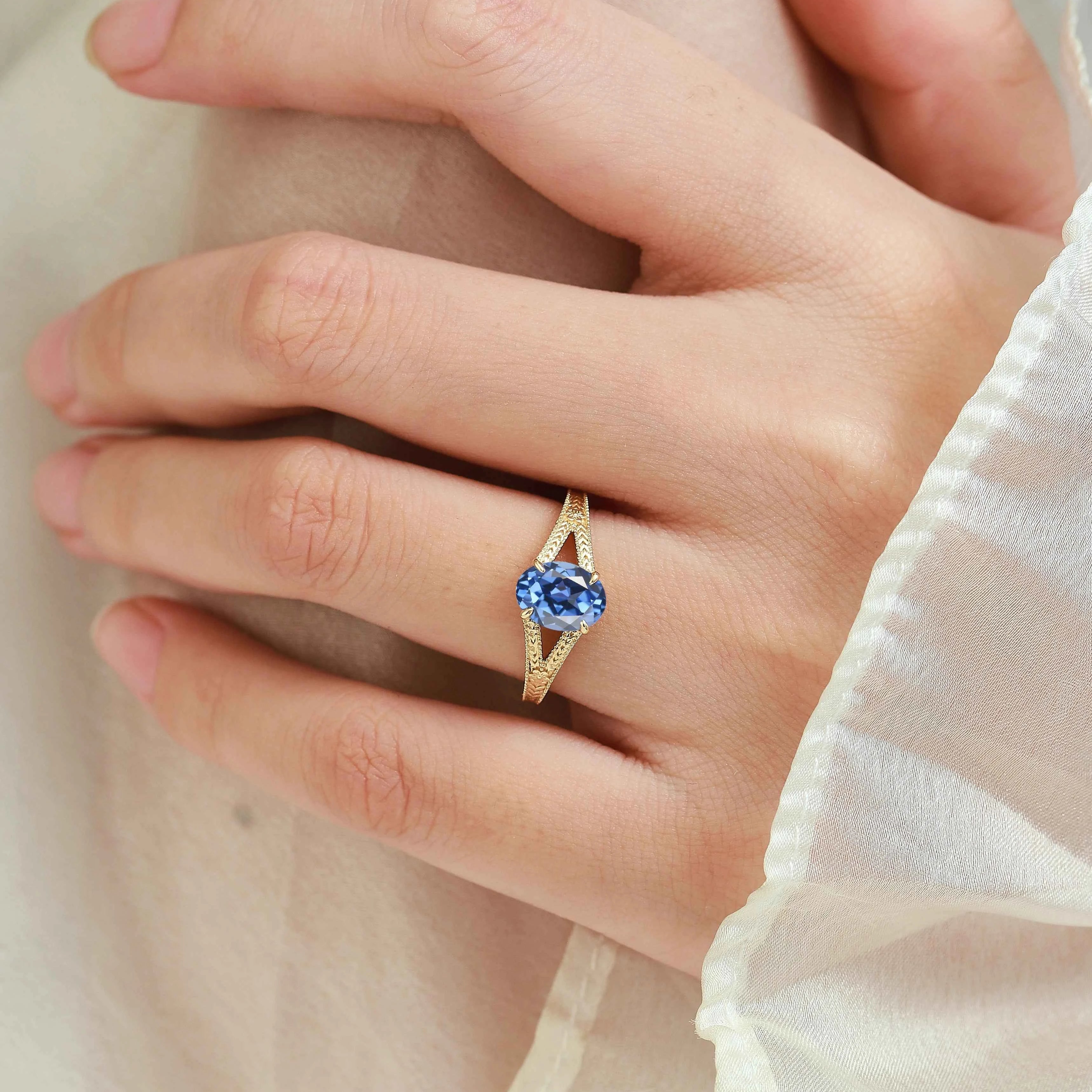Nature-Inspired Leaf & Flower Oval Sapphire Engagement Ring