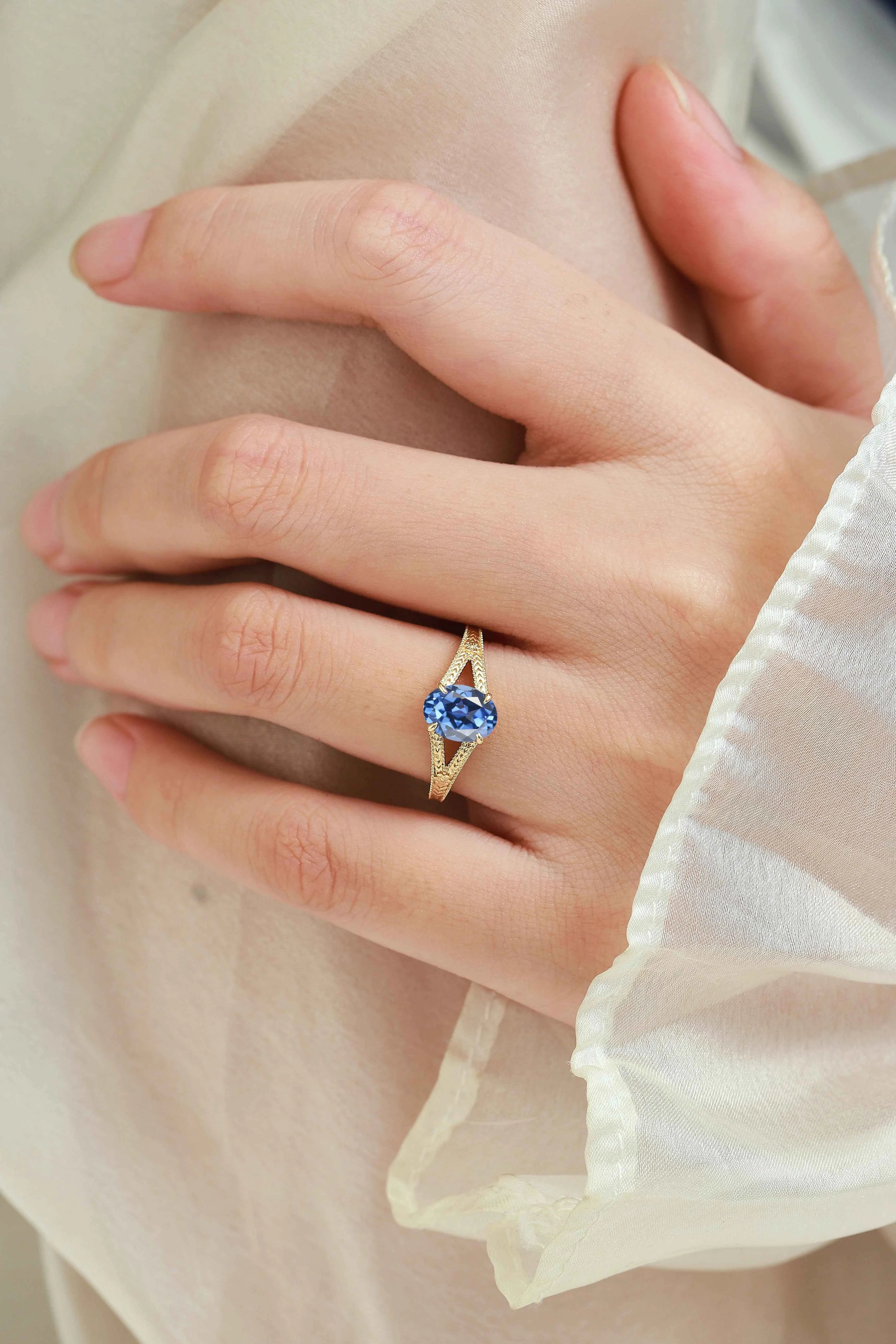 Nature-Inspired Leaf & Flower Oval Sapphire Engagement Ring