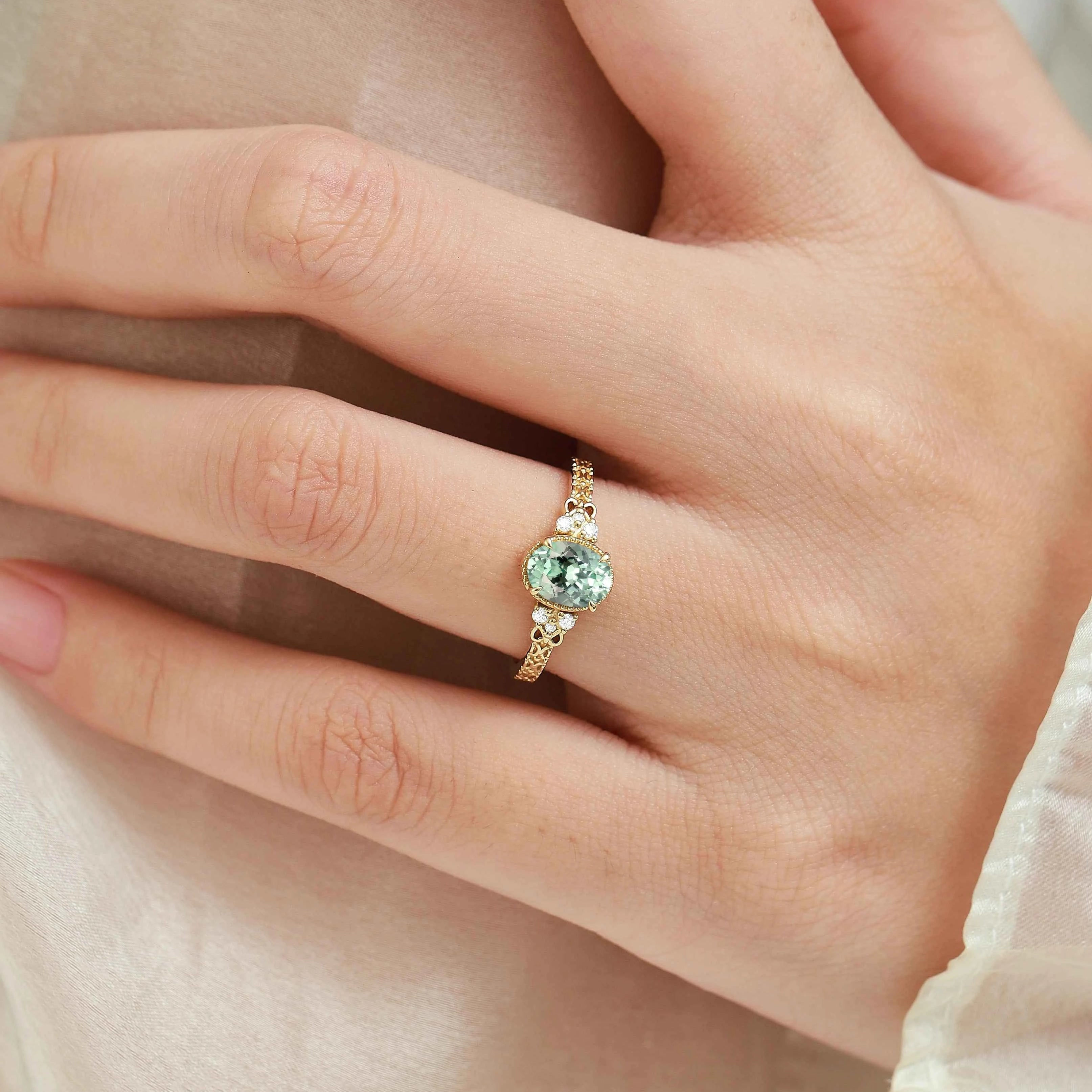 Vintage Engraved Green Sapphire Bezel Engagement Ring