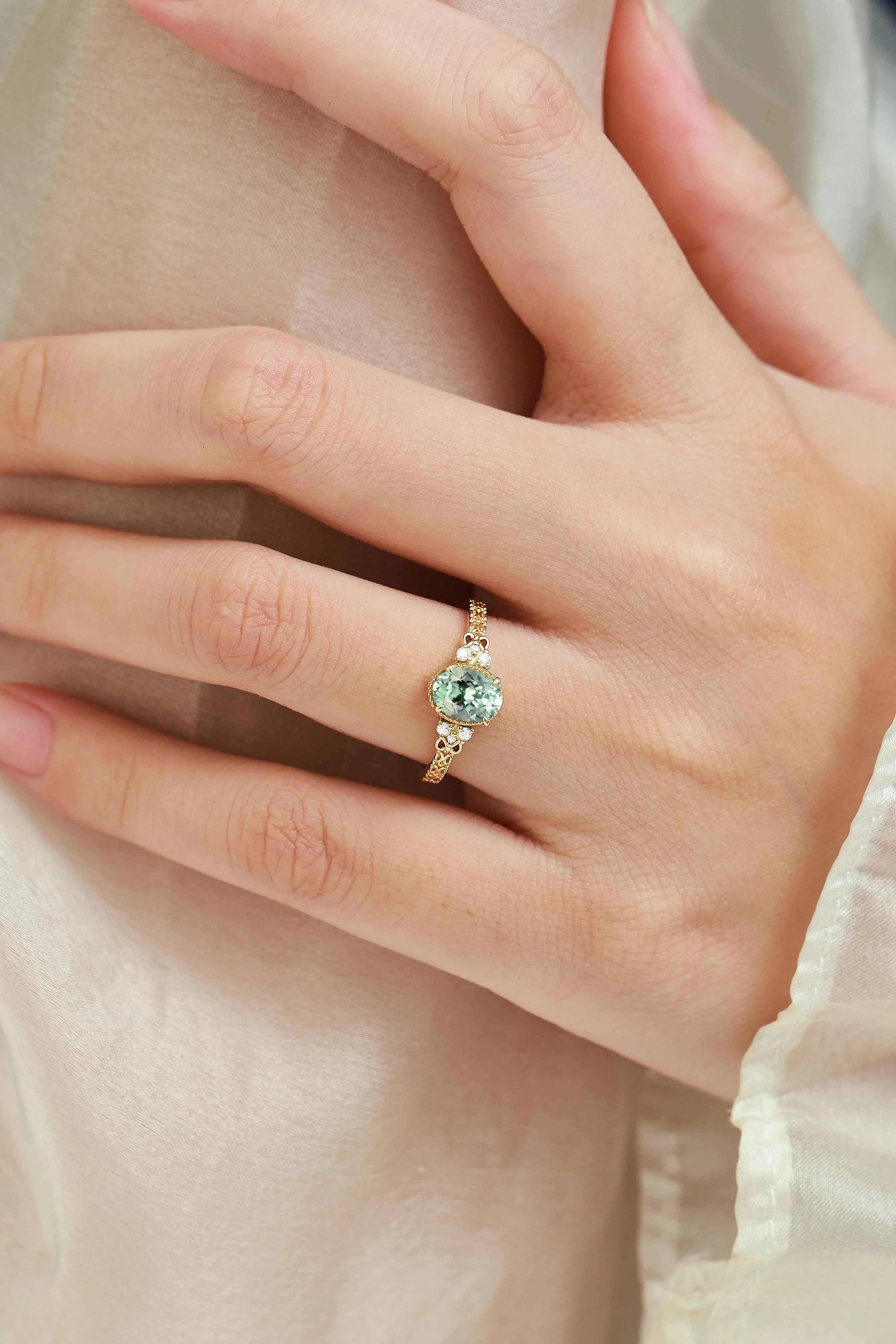 Vintage Engraved Green Sapphire Bezel Engagement Ring