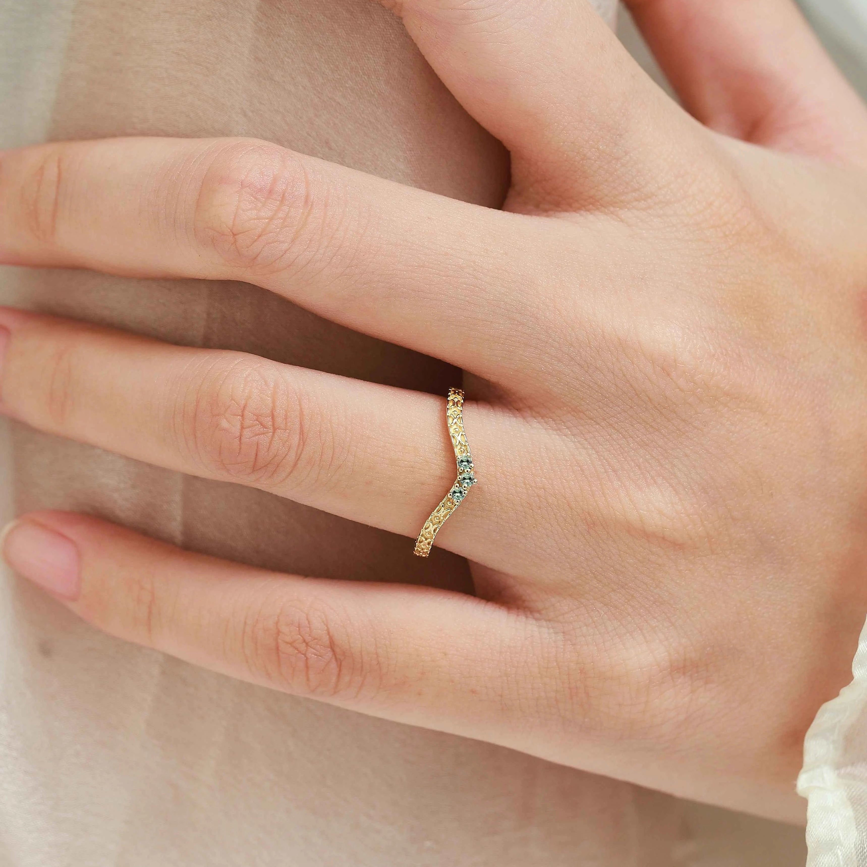 Vintage Engraved Green Sapphire Curved Wedding Band