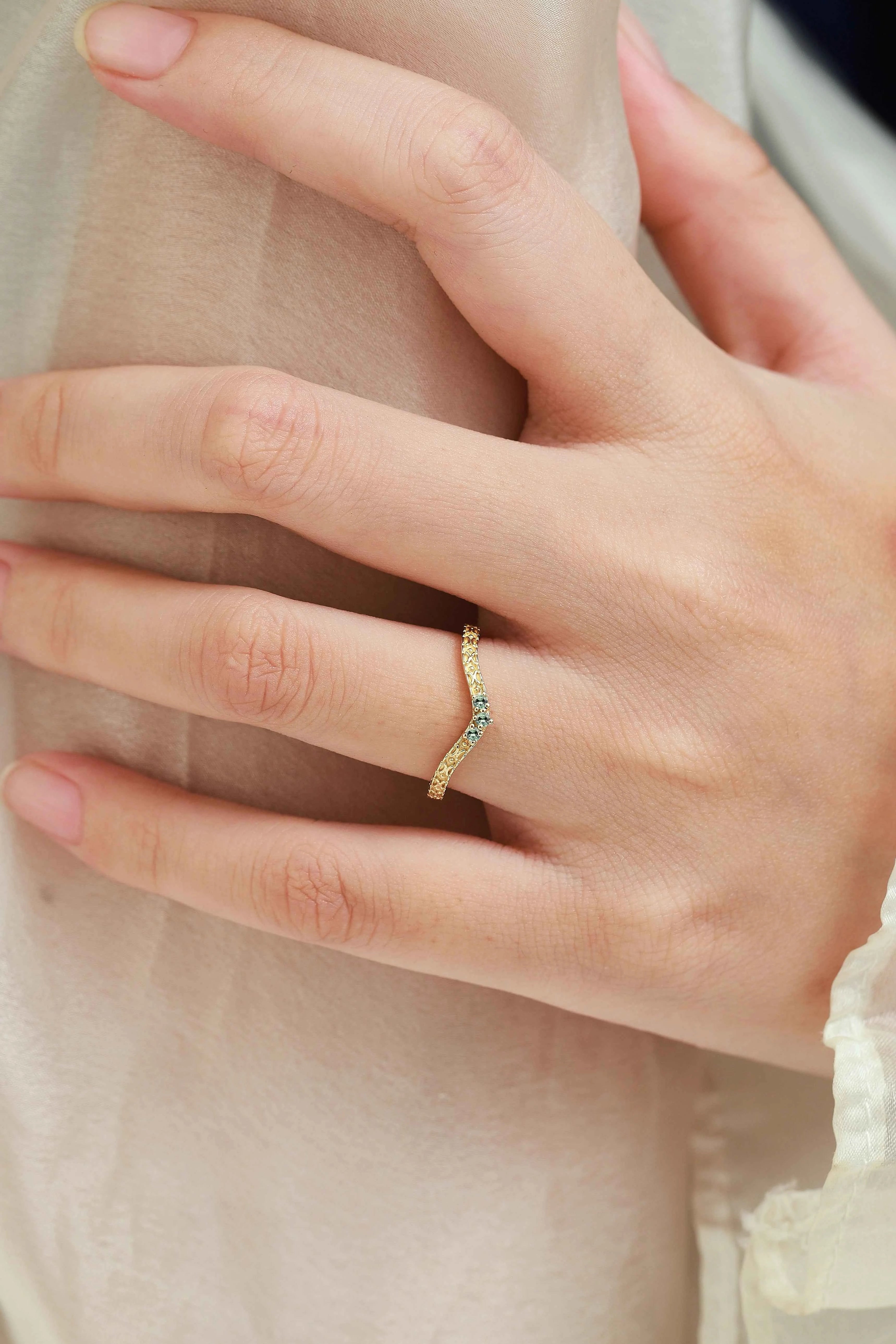 Vintage Engraved Green Sapphire Curved Wedding Band