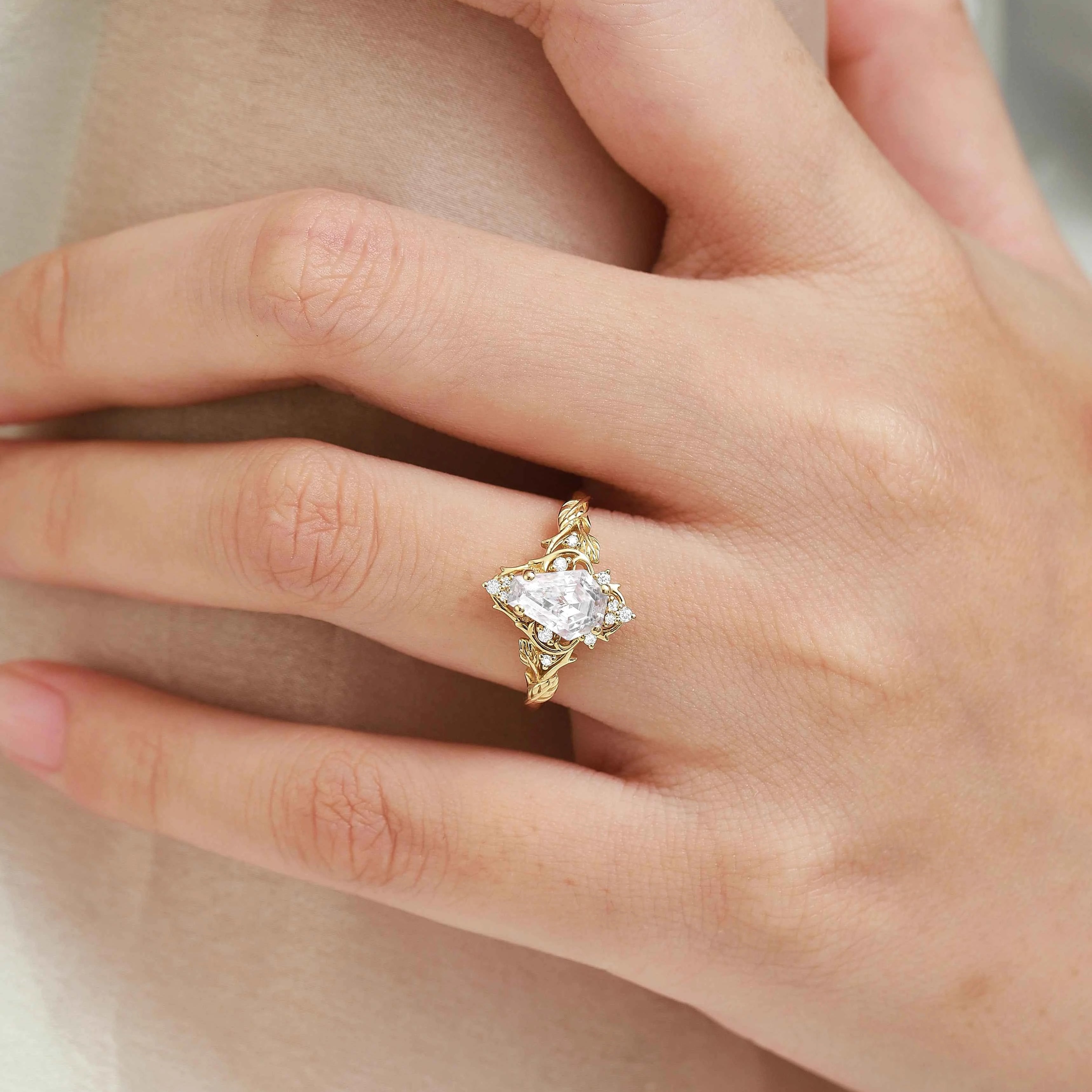 Nature-Inspired Coffin Cut Moissanite Thorn & Leaf Engagement Ring