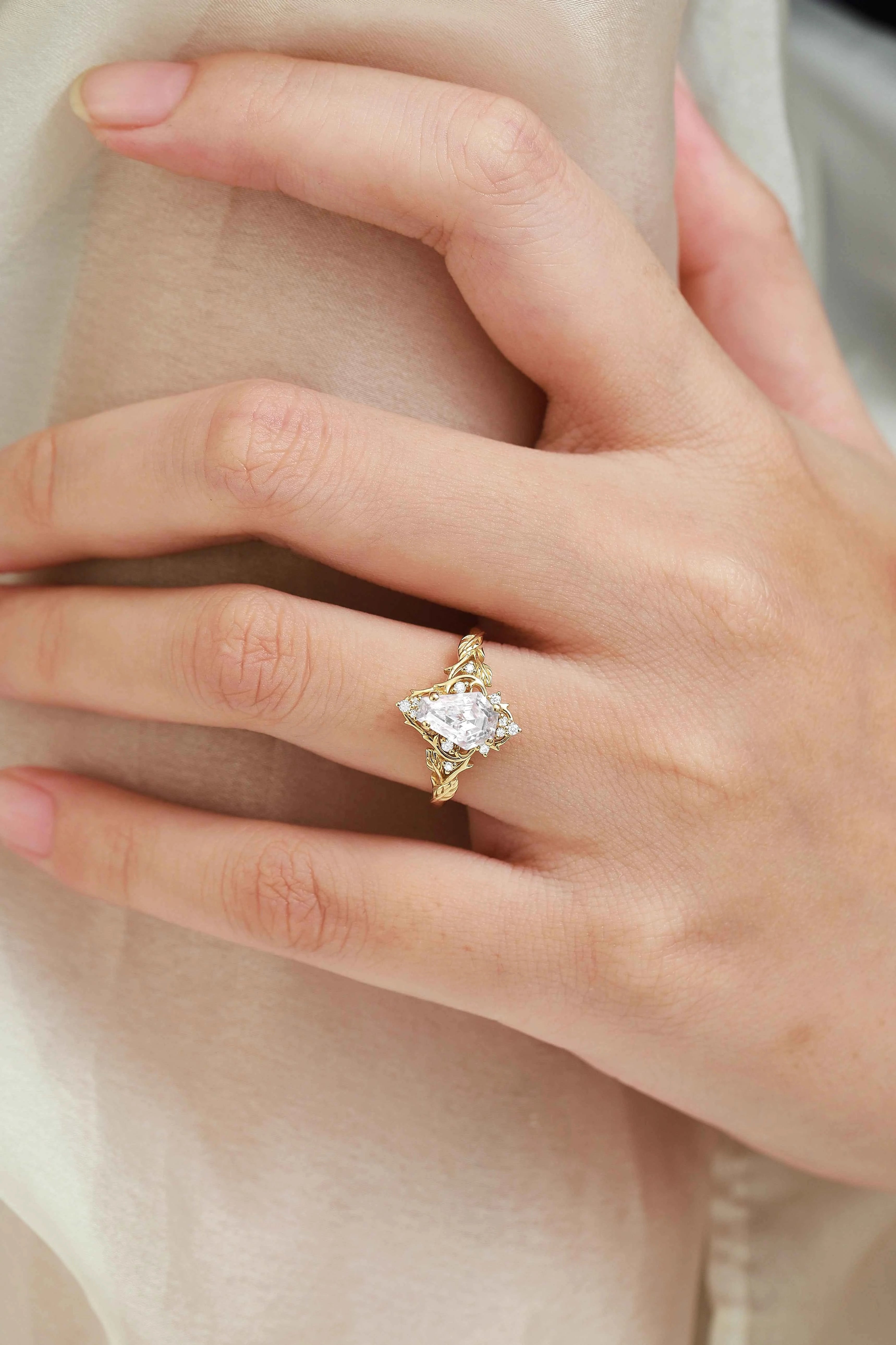 Nature-Inspired Coffin Cut Moissanite Thorn & Leaf Engagement Ring