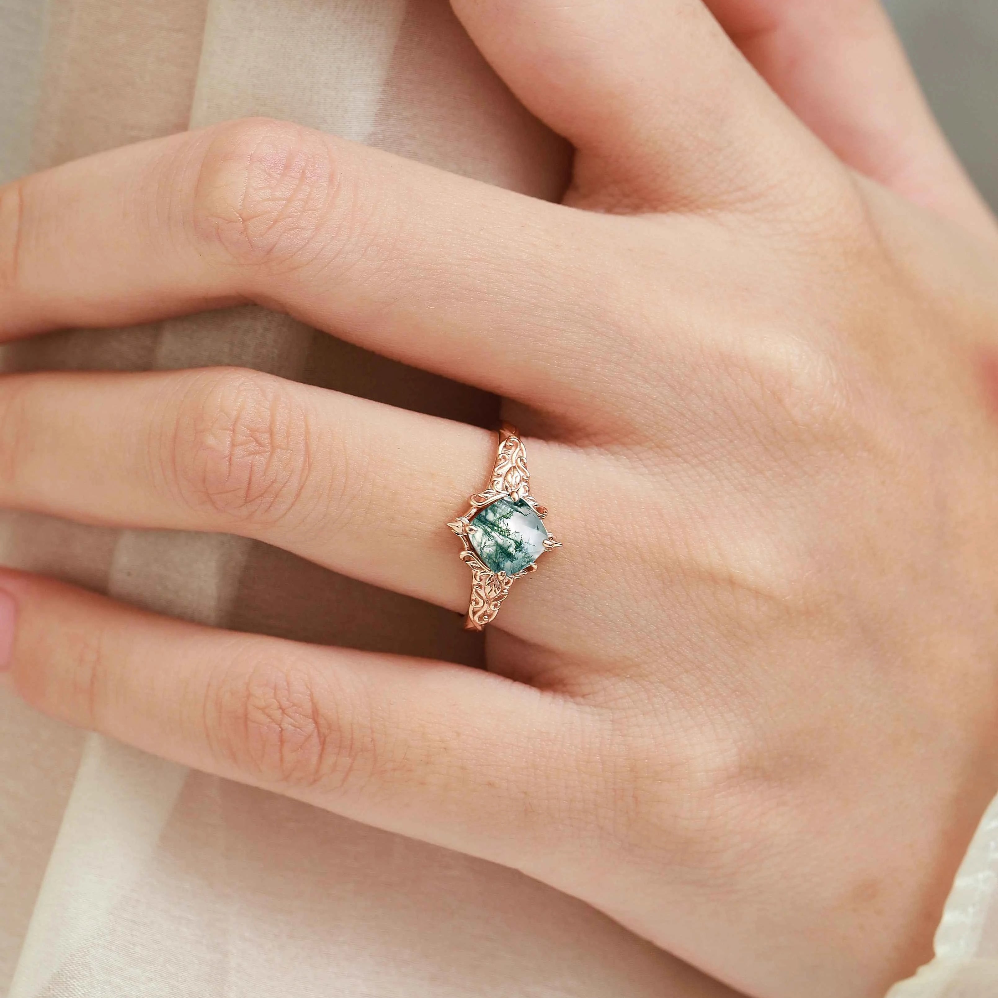 Classical Outline Leaf Inspired Cushion Cut Moss Agate Engagement Ring