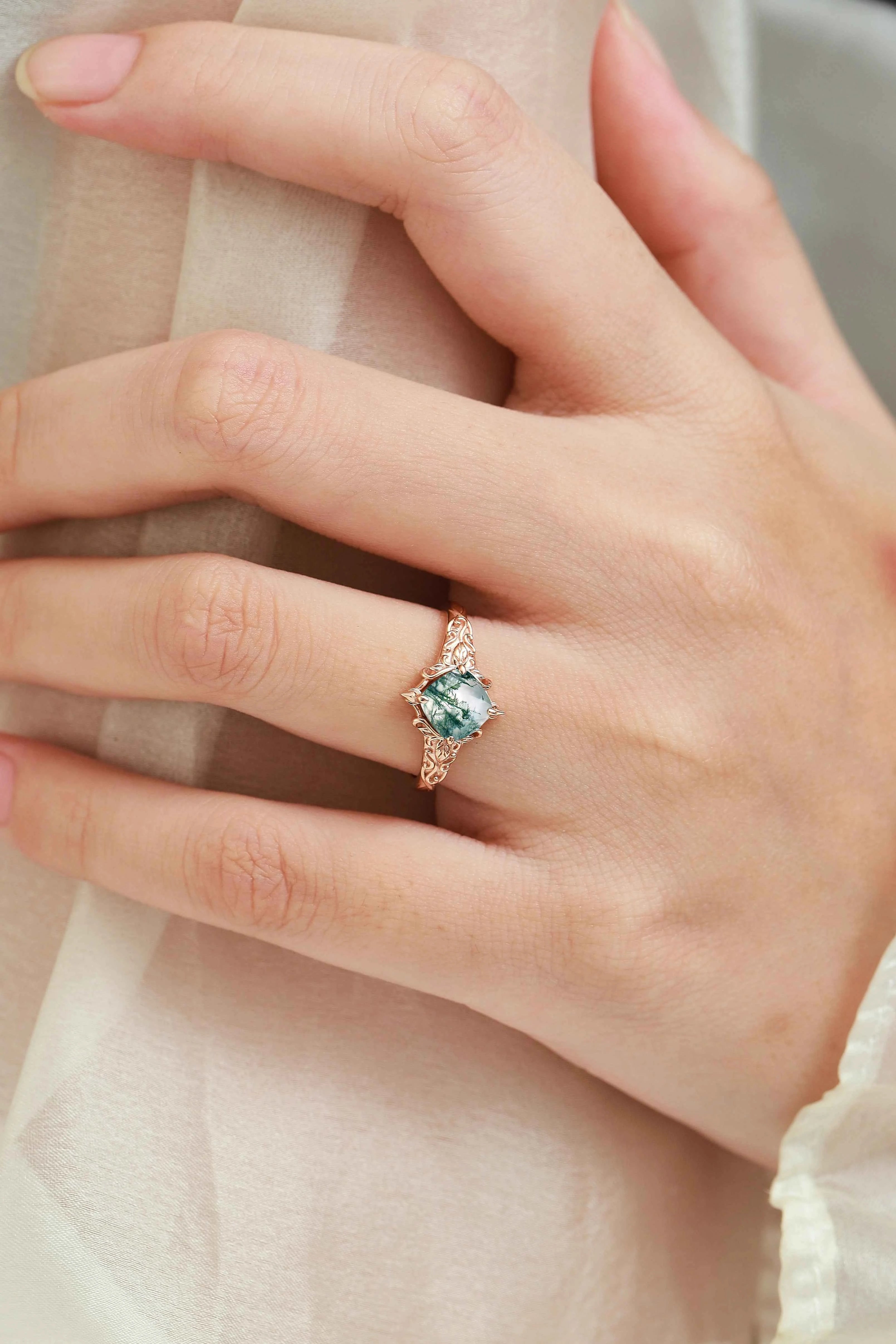 Classical Outline Leaf Inspired Cushion Cut Moss Agate Engagement Ring