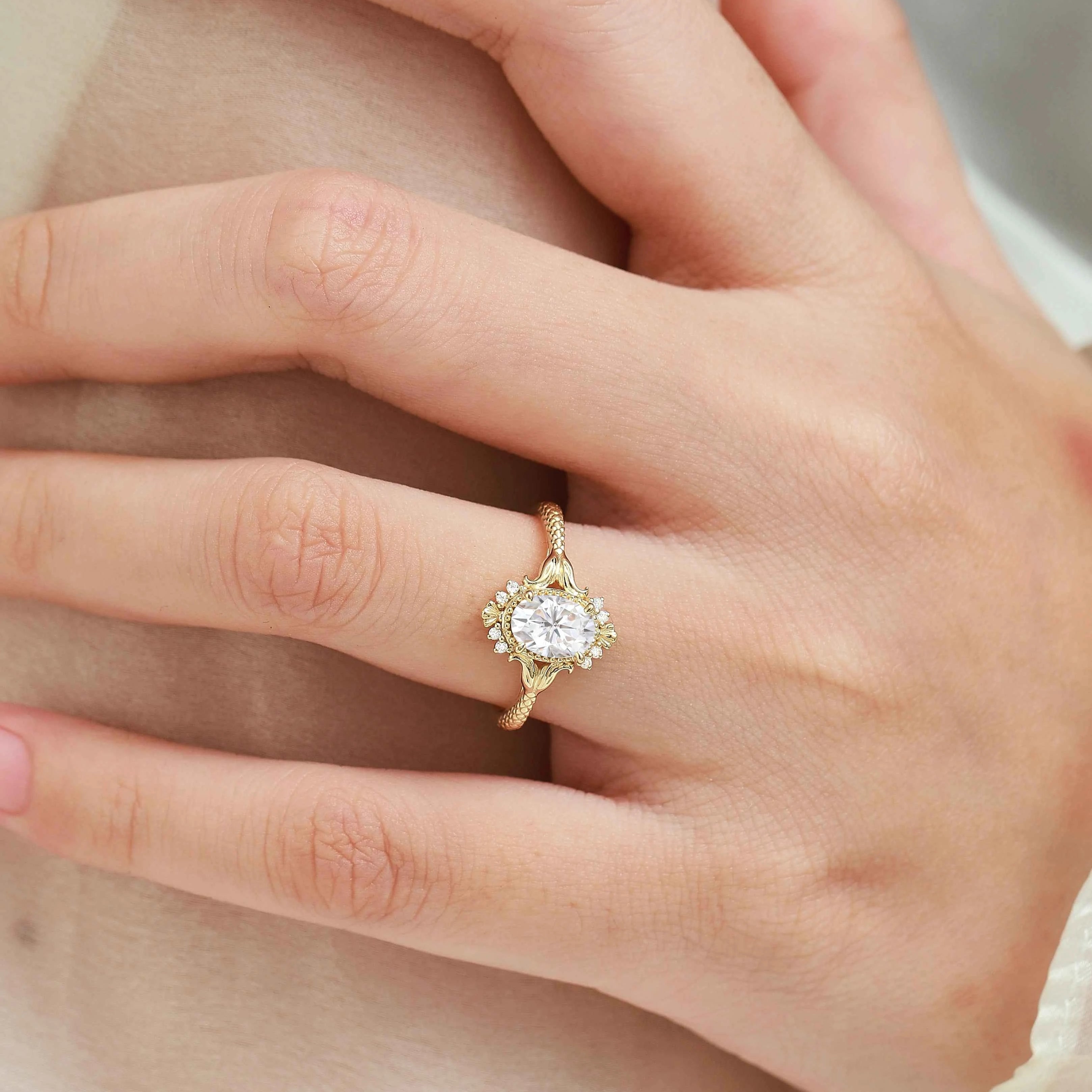 Vintage Ocean-Inspired Oval Cut Moissanite Mermaid Tail & Shell Engagement Ring
