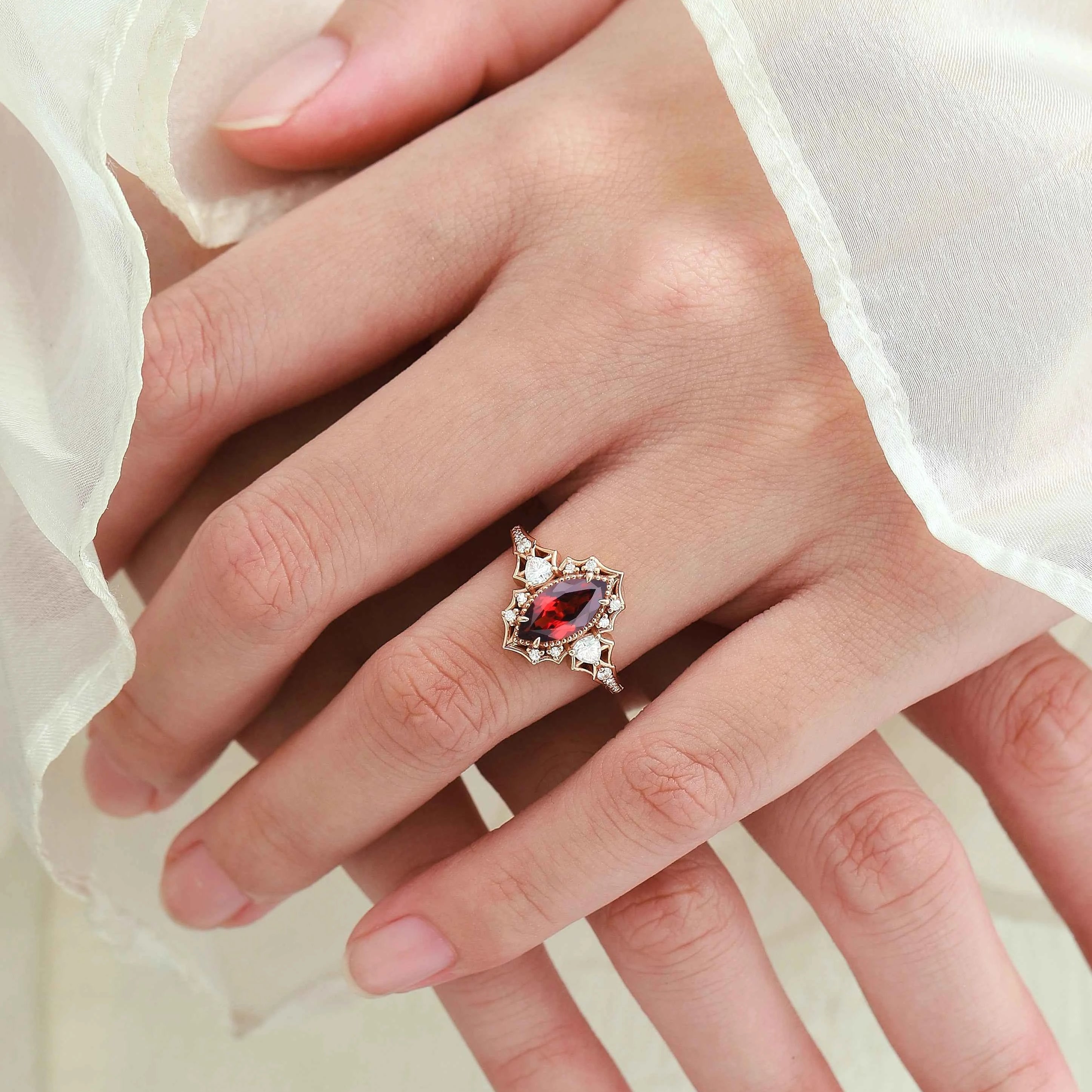 Vintage Halo Bat & Animal Inspired Marquise Cut Ruby Engagement Ring