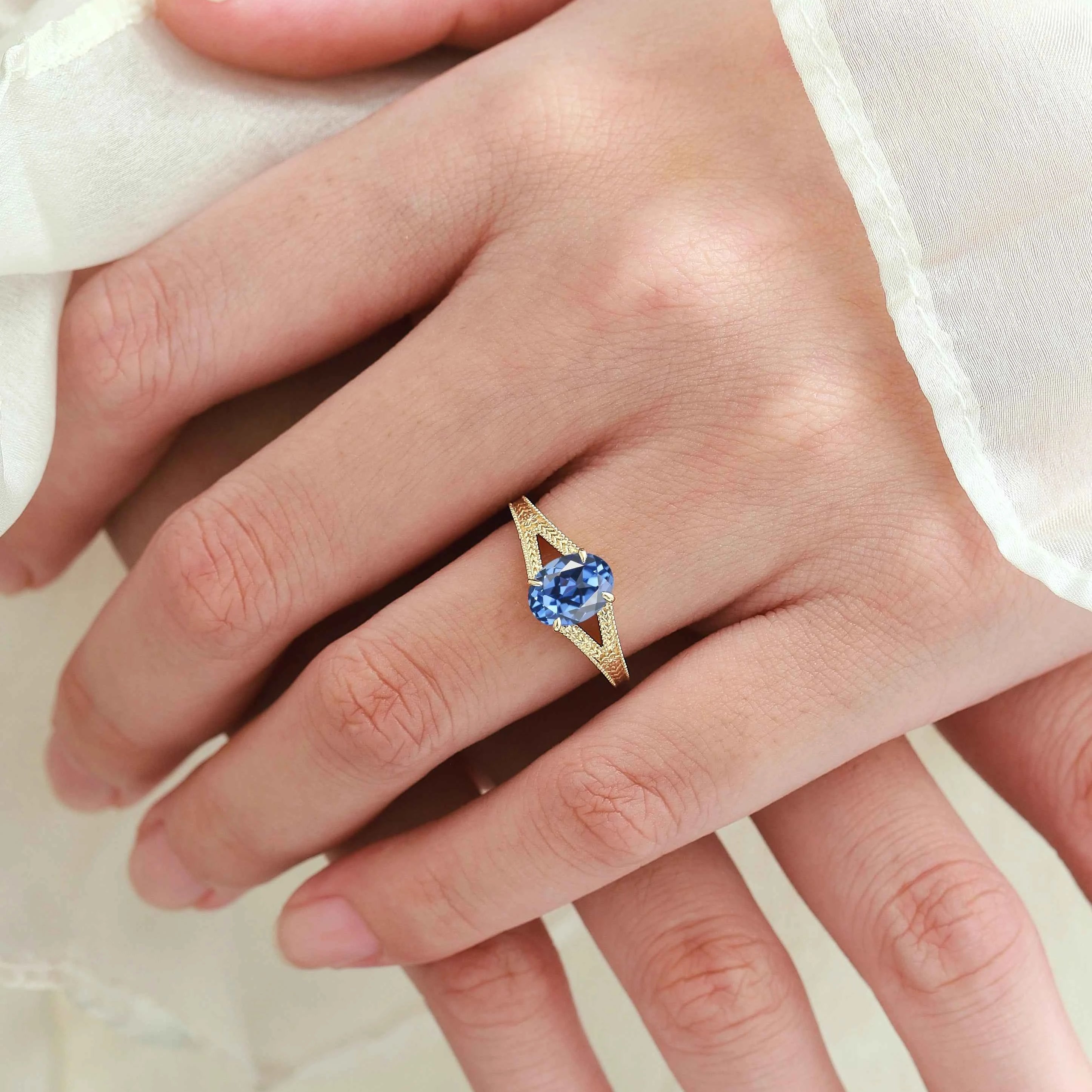 Nature-Inspired Leaf & Flower Oval Sapphire Engagement Ring