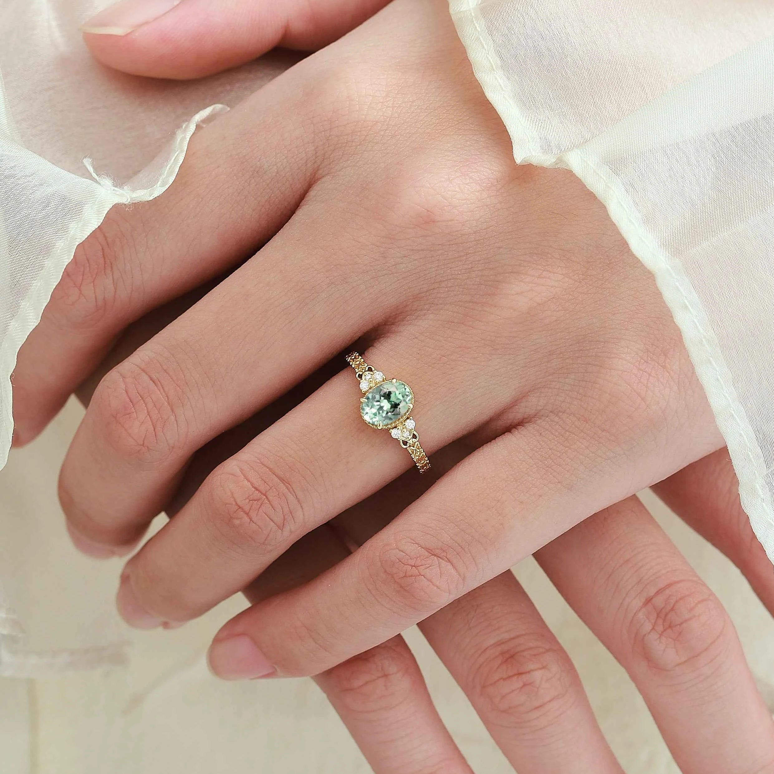 Vintage Engraved Green Sapphire Bezel Engagement Ring