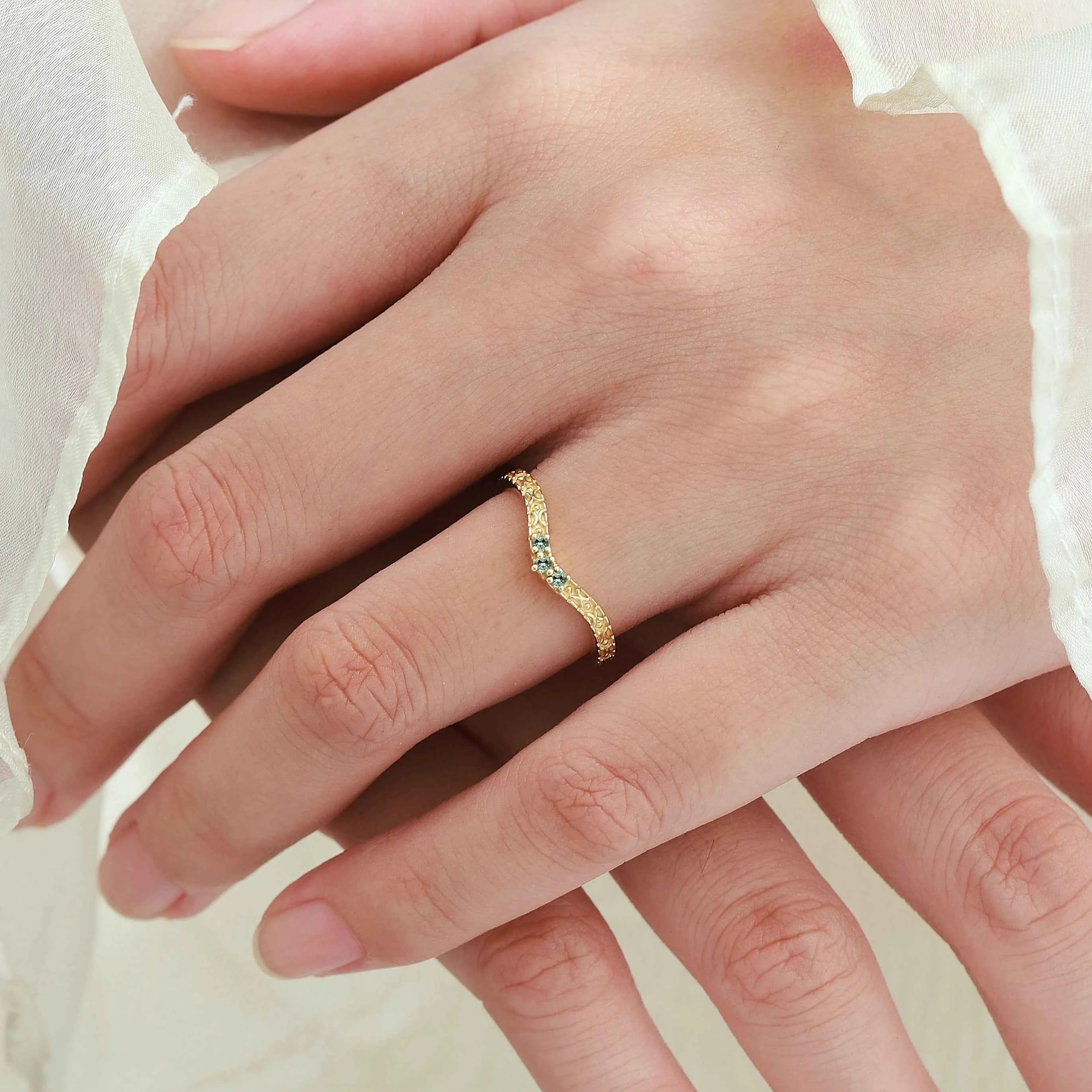 Vintage Engraved Green Sapphire Curved Wedding Band