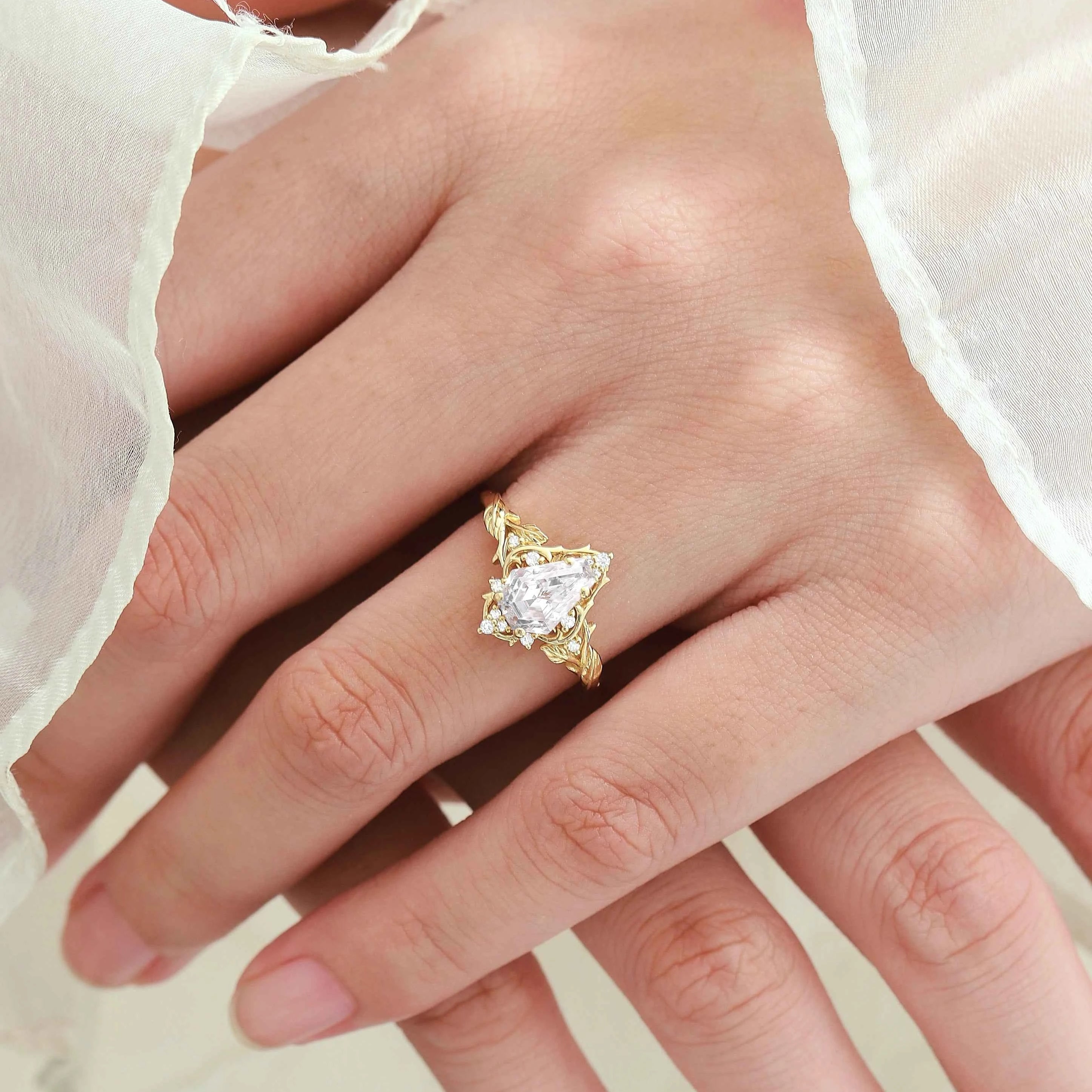 Nature-Inspired Coffin Cut Moissanite Thorn & Leaf Engagement Ring