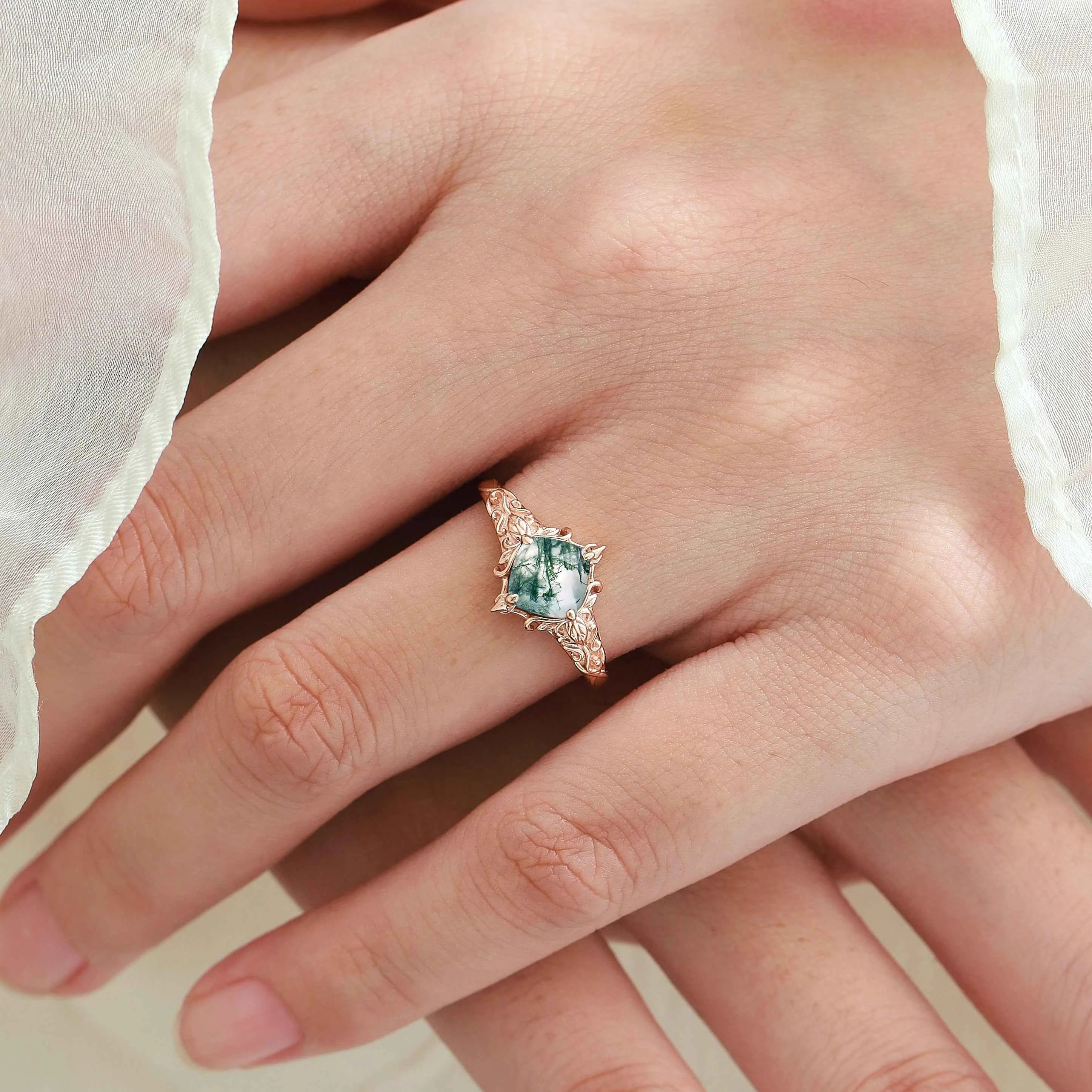 Classical Outline Leaf Inspired Cushion Cut Moss Agate Engagement Ring