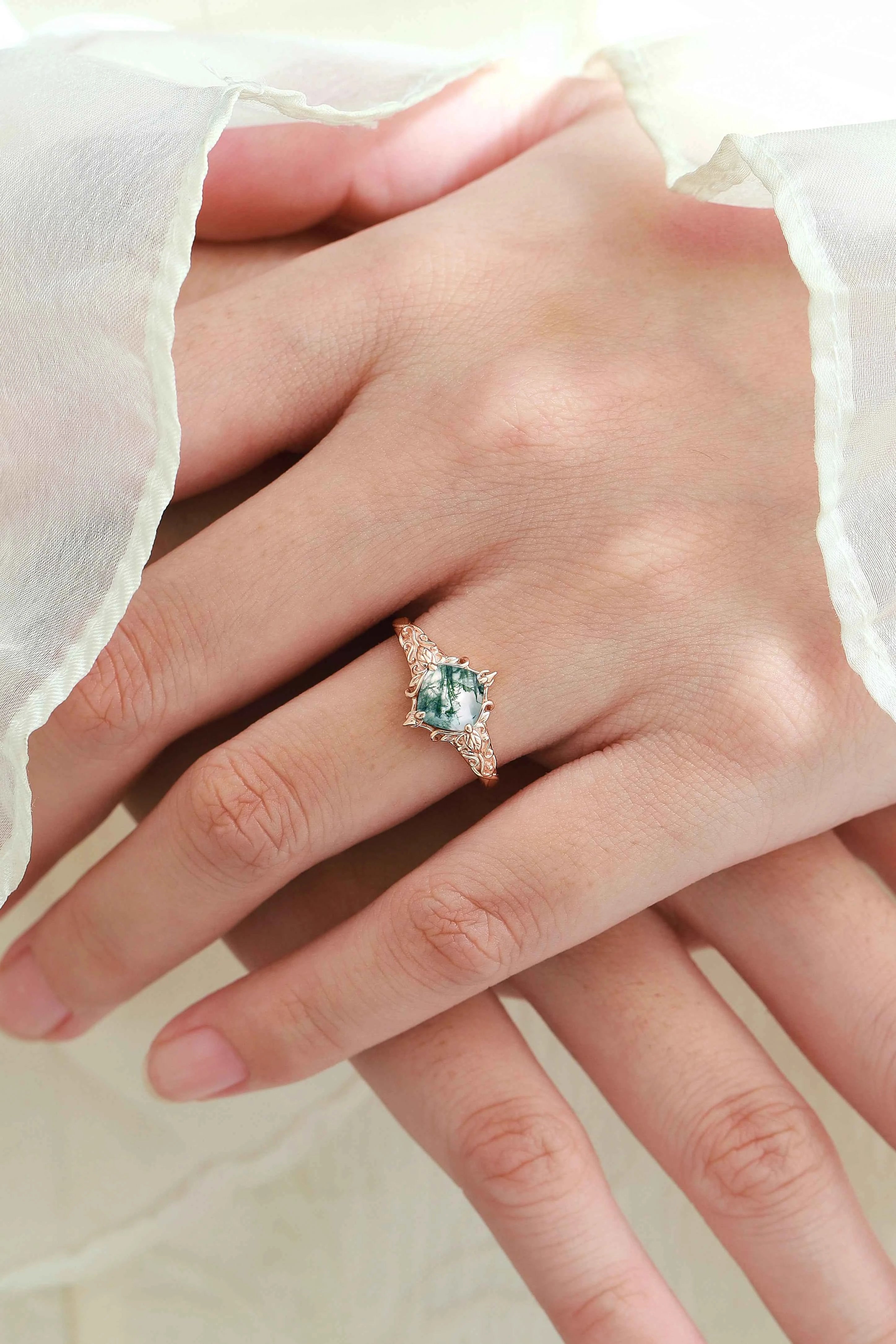 Classical Outline Leaf Inspired Cushion Cut Moss Agate Engagement Ring