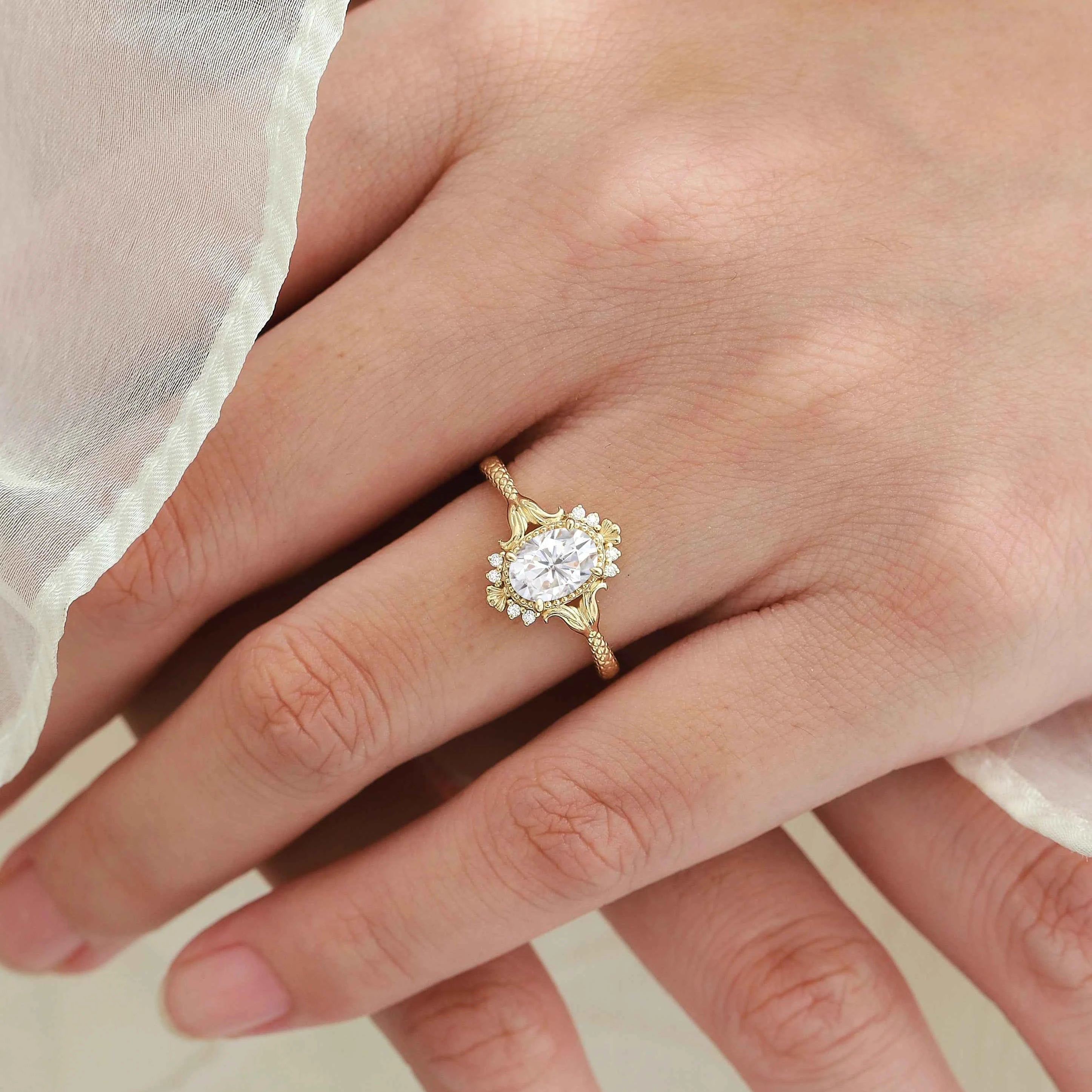 Vintage Ocean-Inspired Oval Cut Moissanite Mermaid Tail & Shell Engagement Ring