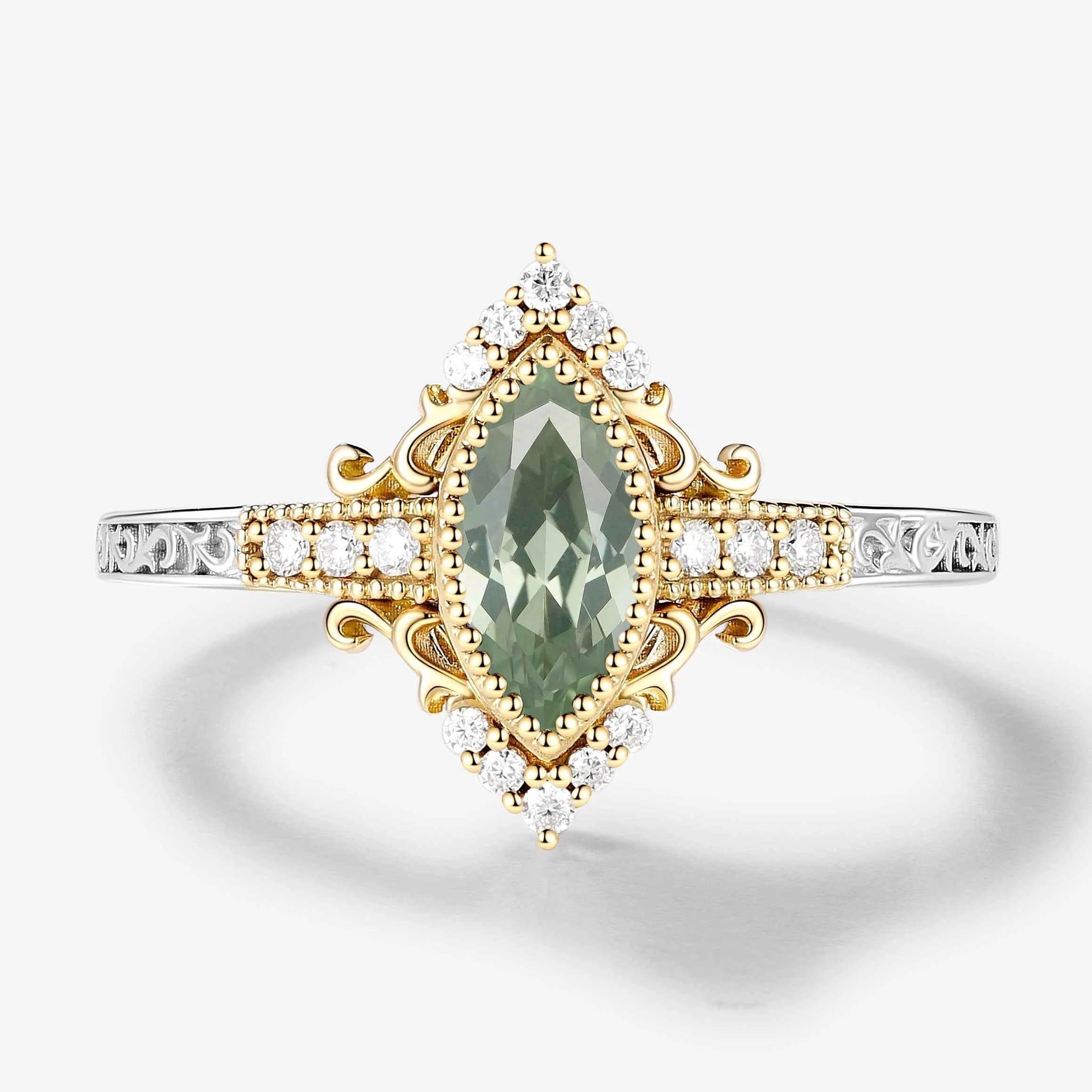 Bezel Setting & Milgrain Detailing Marquise-Cut Green Tsavorite Engagement Ring