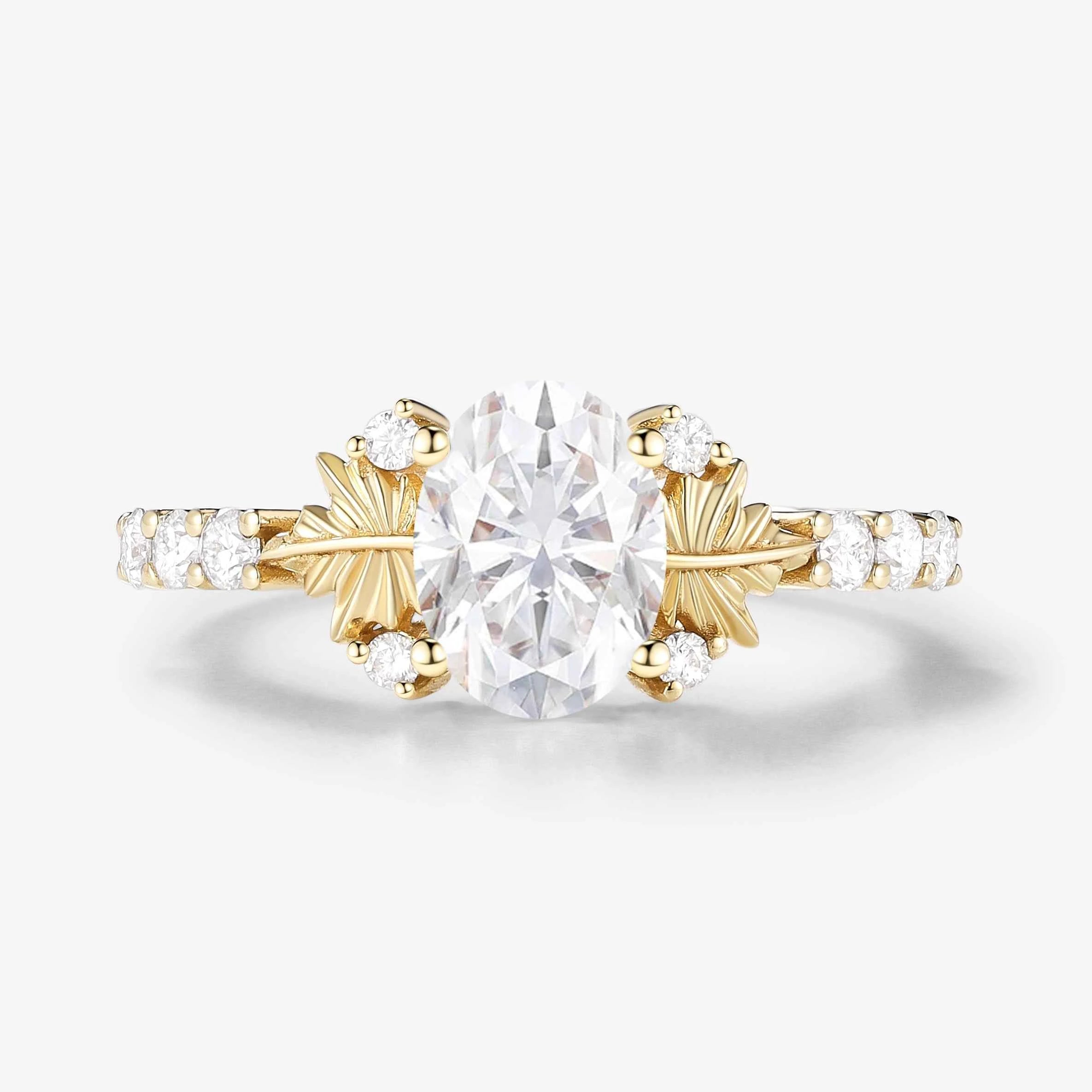 Maple Leaf Design Oval-Cut Moissanite Pavé Engagement Ring