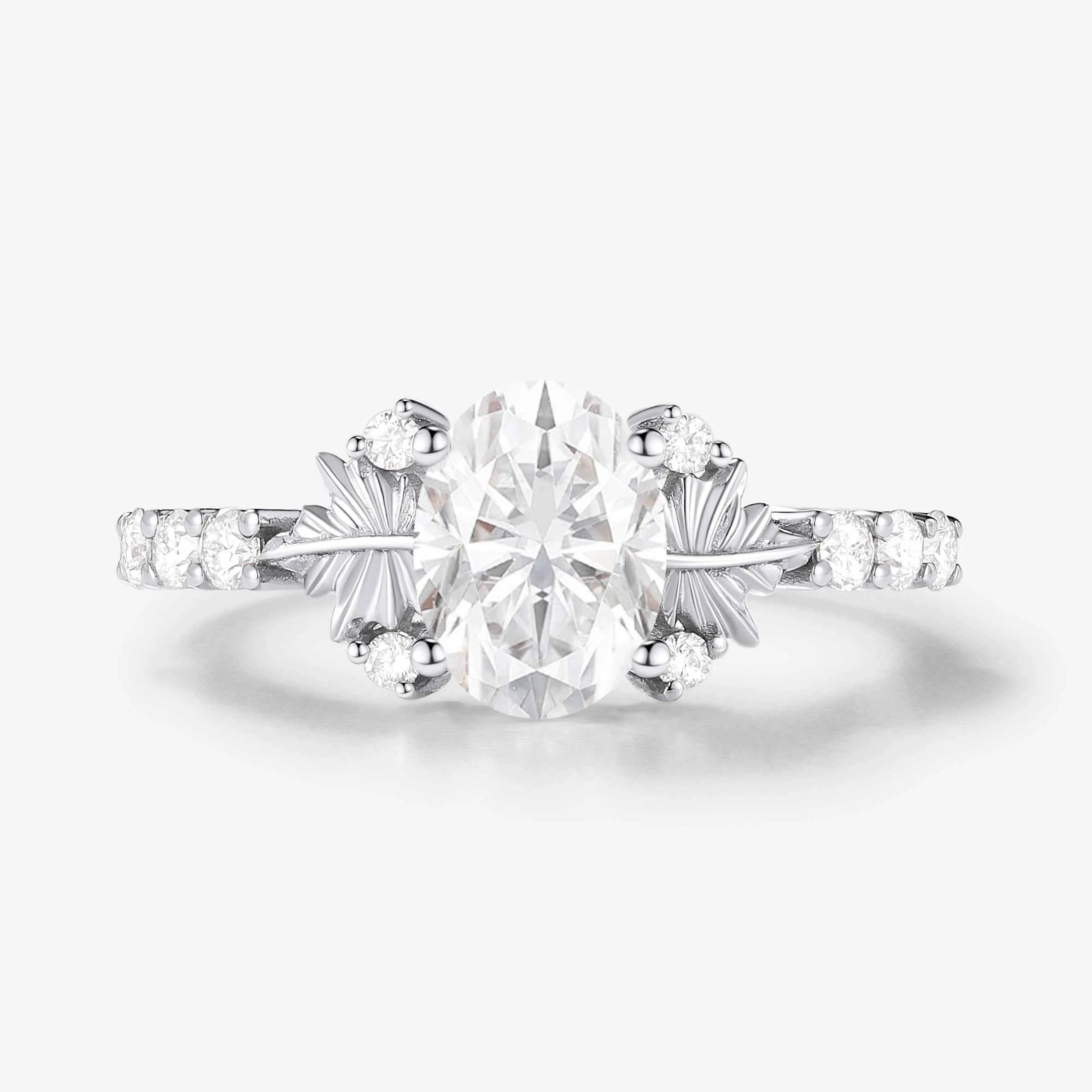 Maple Leaf Design Oval-Cut Moissanite Pavé Engagement Ring