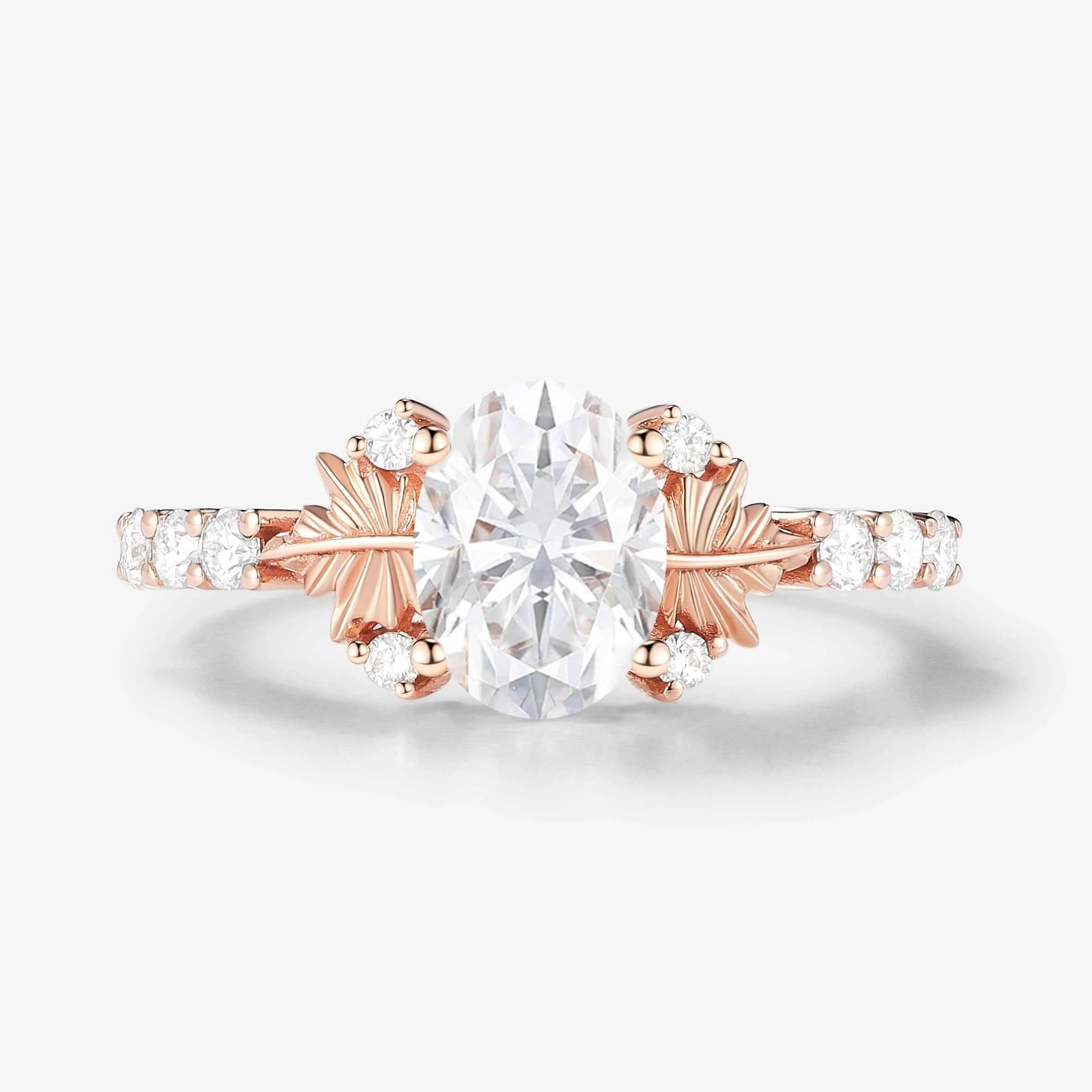 Maple Leaf Design Oval-Cut Moissanite Pavé Engagement Ring