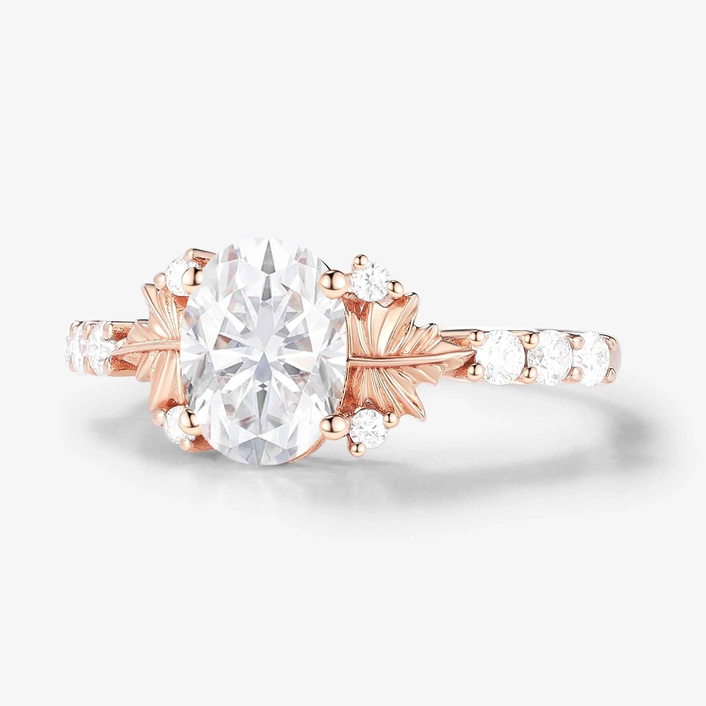 Maple Leaf Design Oval-Cut Moissanite Pavé Engagement Ring